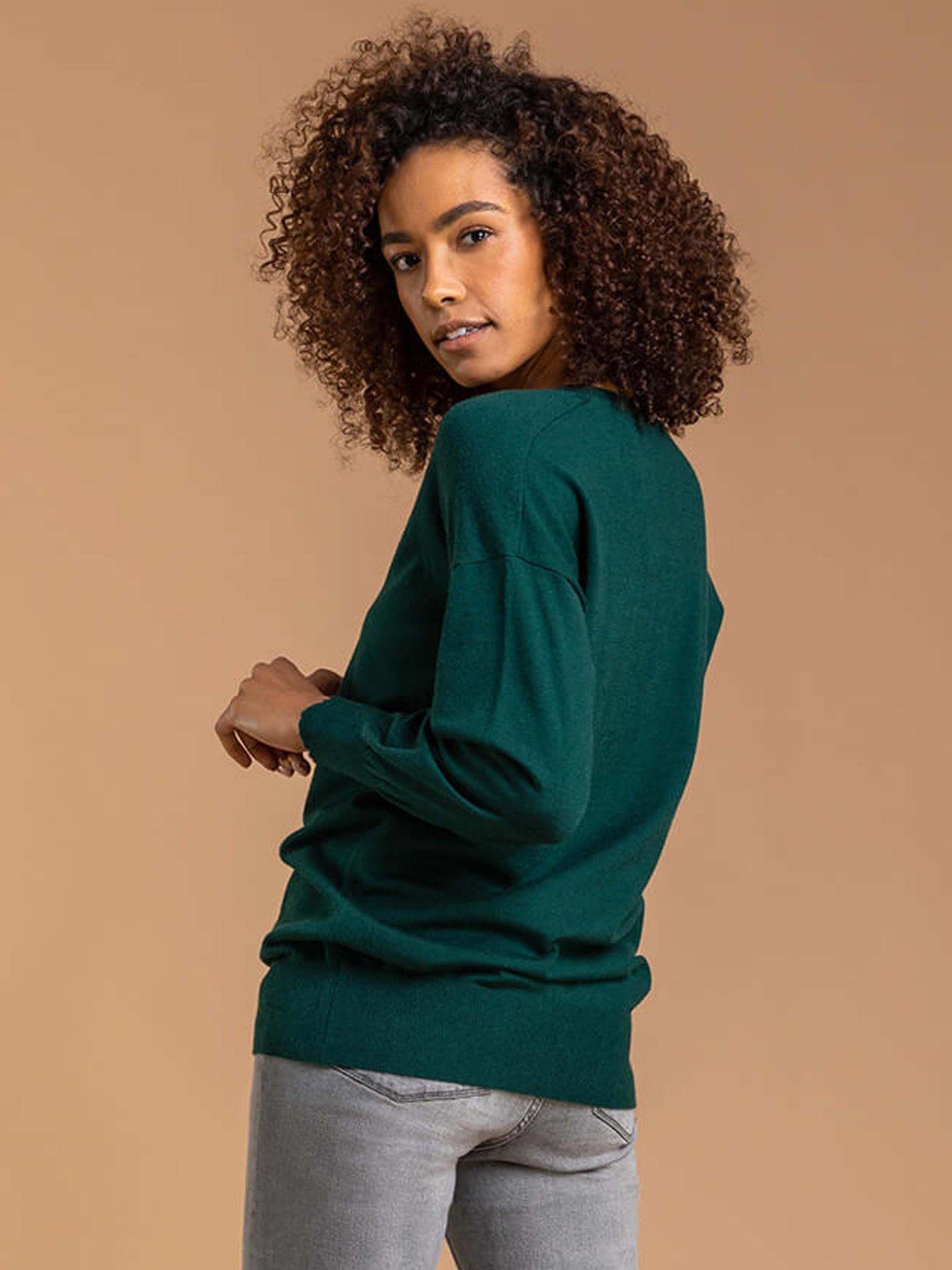 Roman Plain V-neck Stretch Longline Jumper Dark Green Littlewoods - Main Image