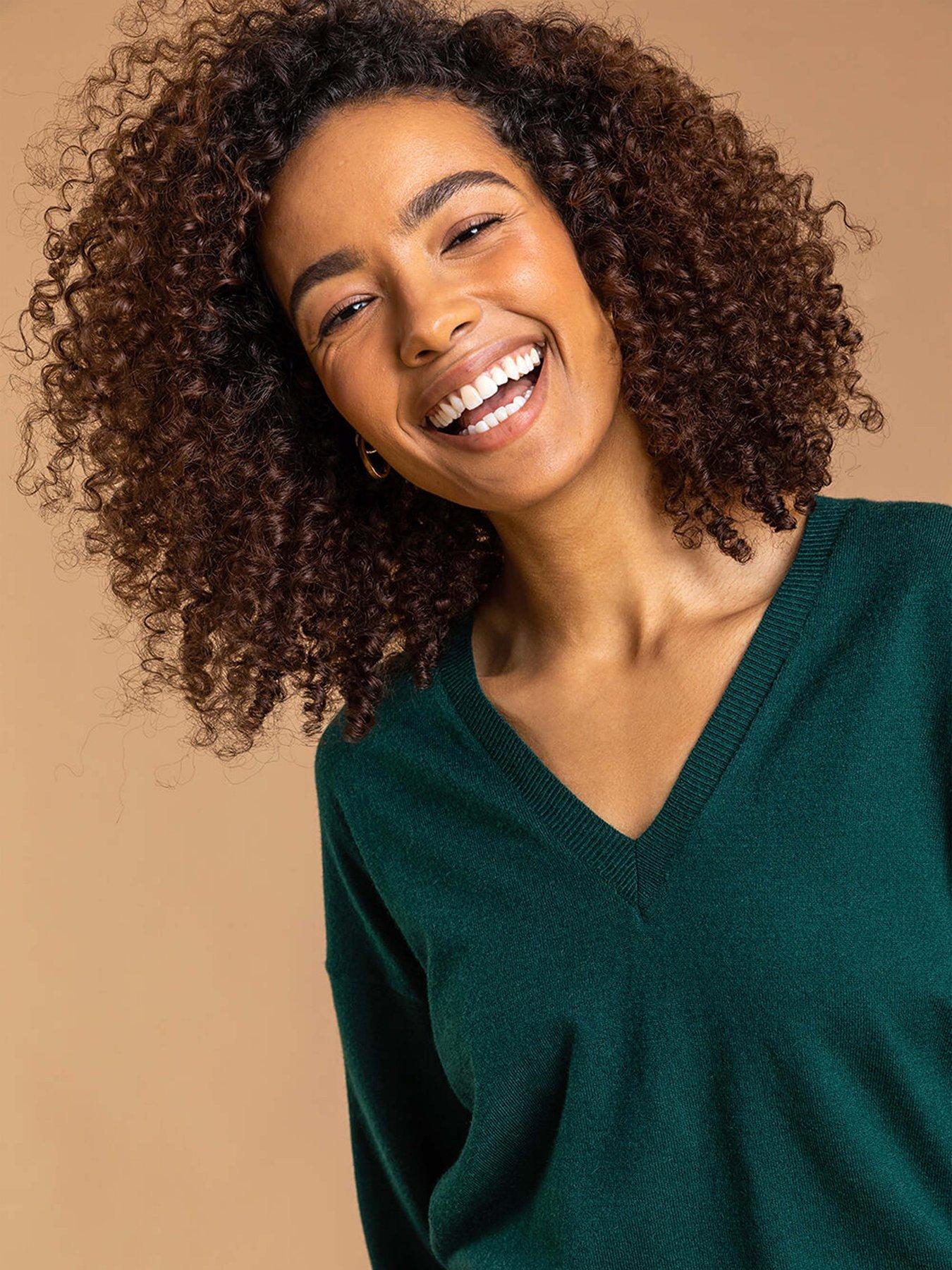  image of roman-plain-v-neck-stretch-longline-jumper-dark-green