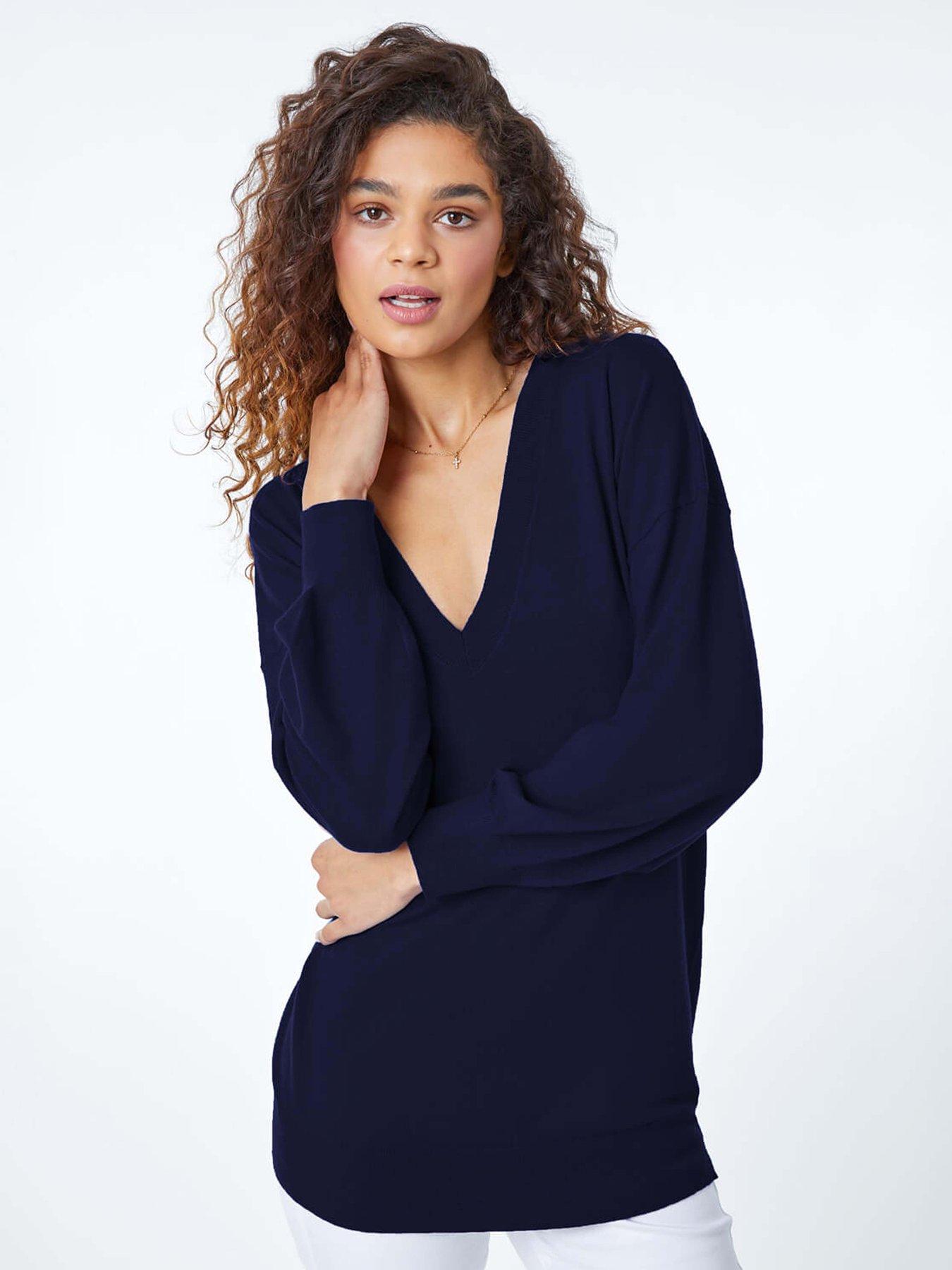  image of roman-plain-stretch-v-neck-longline-jumper-navy