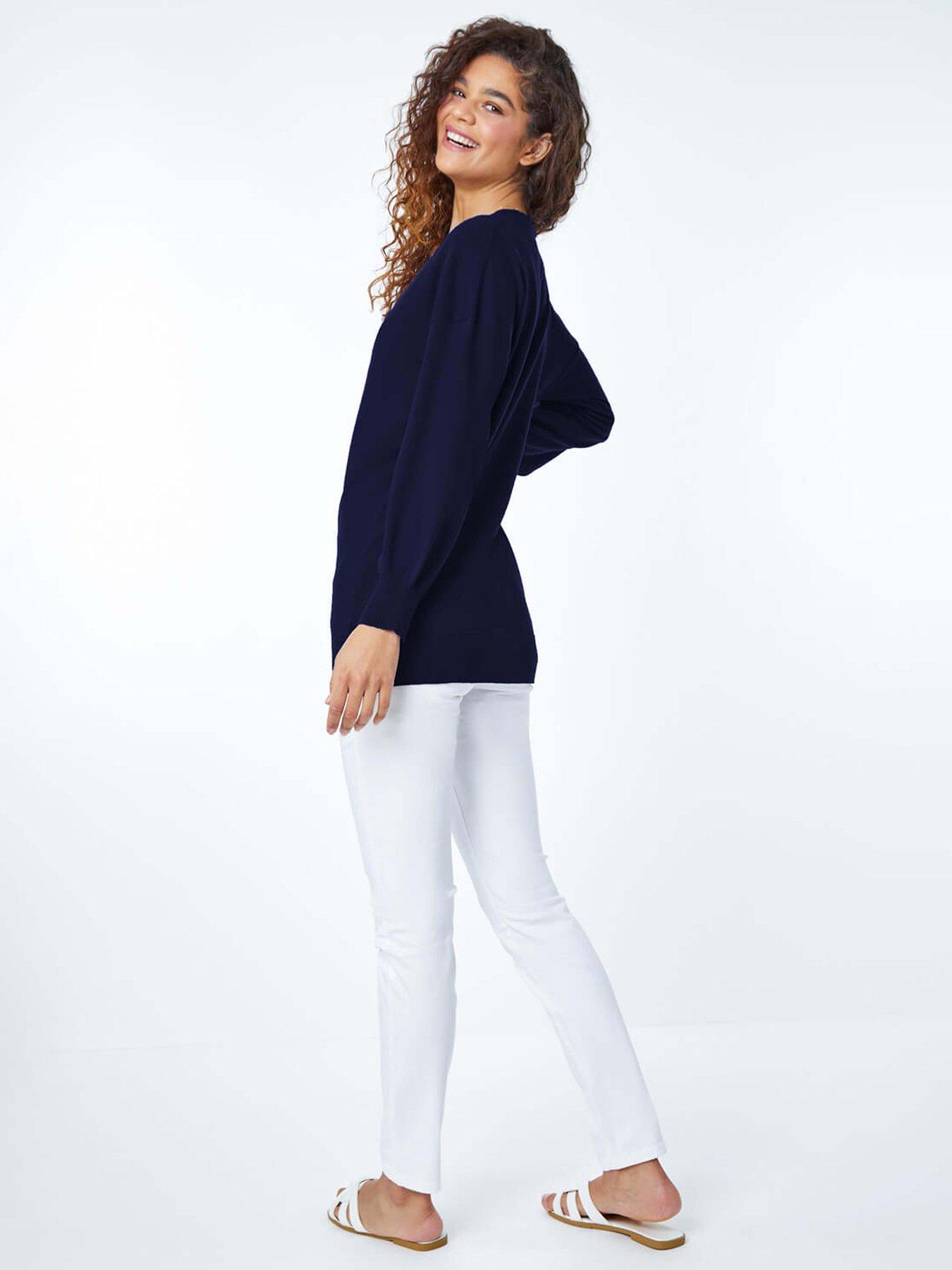  image of roman-plain-stretch-v-neck-longline-jumper-navy