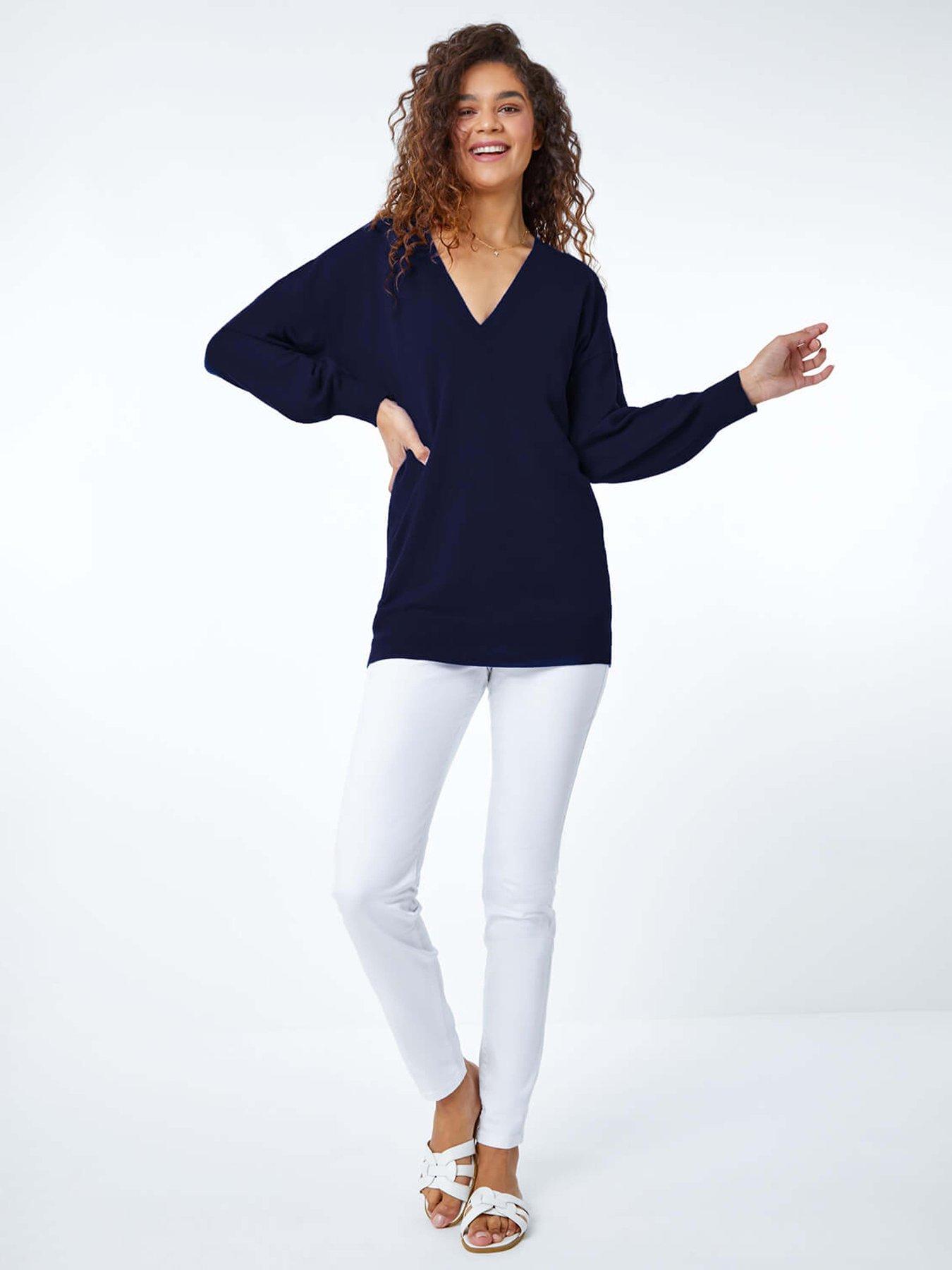  image of roman-plain-stretch-v-neck-longline-jumper-navy