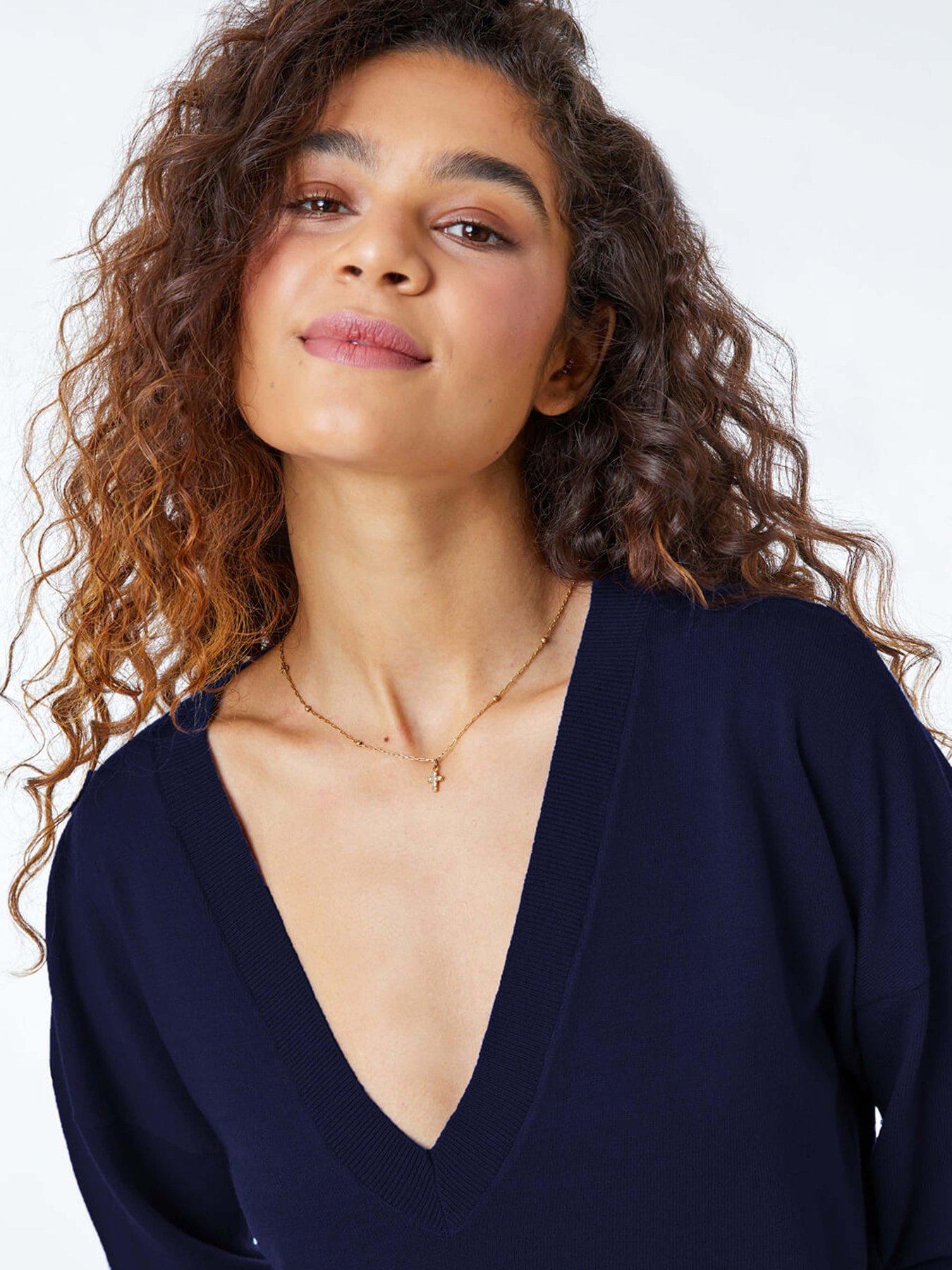  image of roman-plain-stretch-v-neck-longline-jumper-navy