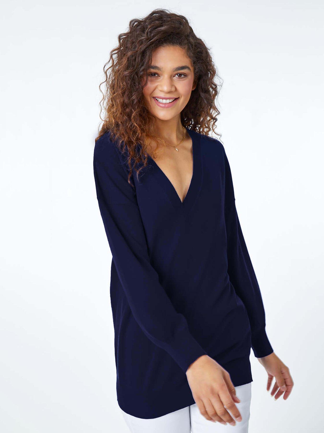  image of roman-plain-stretch-v-neck-longline-jumper-navy