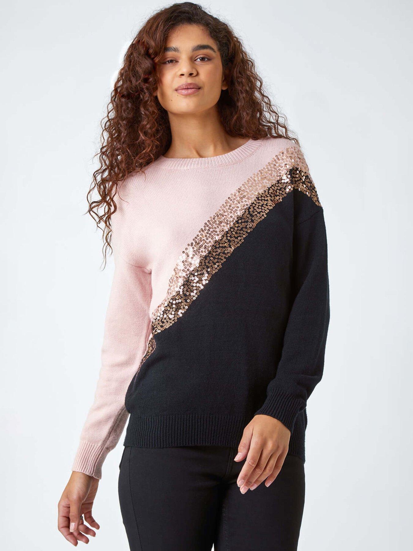 Roman Sequin Embellished Colourblock Jumper - Black