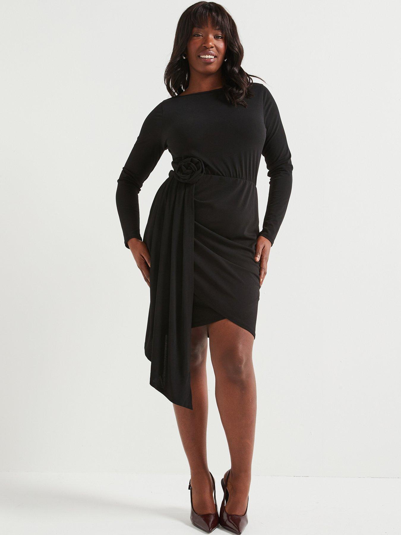 V by Very Curve Corsage Detail Drape Mini Dress - Black | Littlewoods