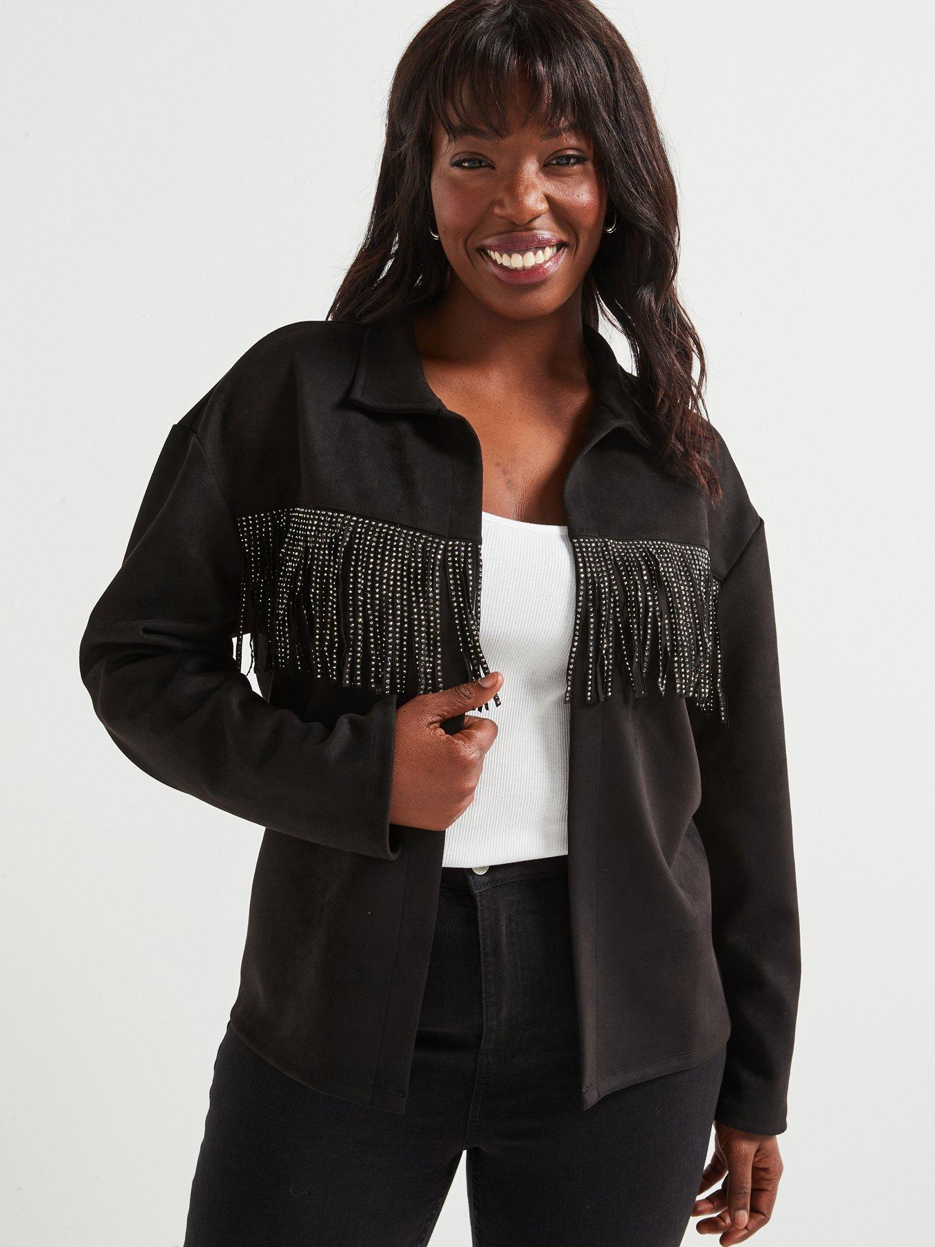 V by Very Curve Suedette Fringe Jacket Black Littlewoods