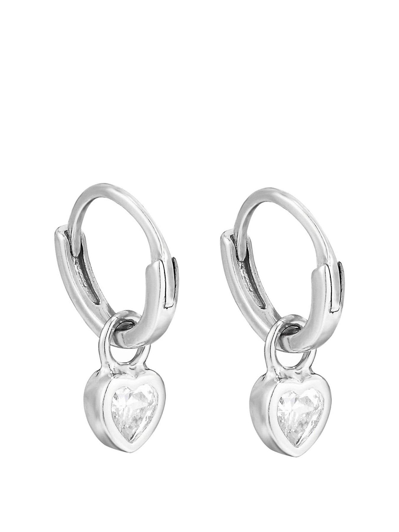 undefined Sterling Silver CZ Heart Charm Huggie Earrings