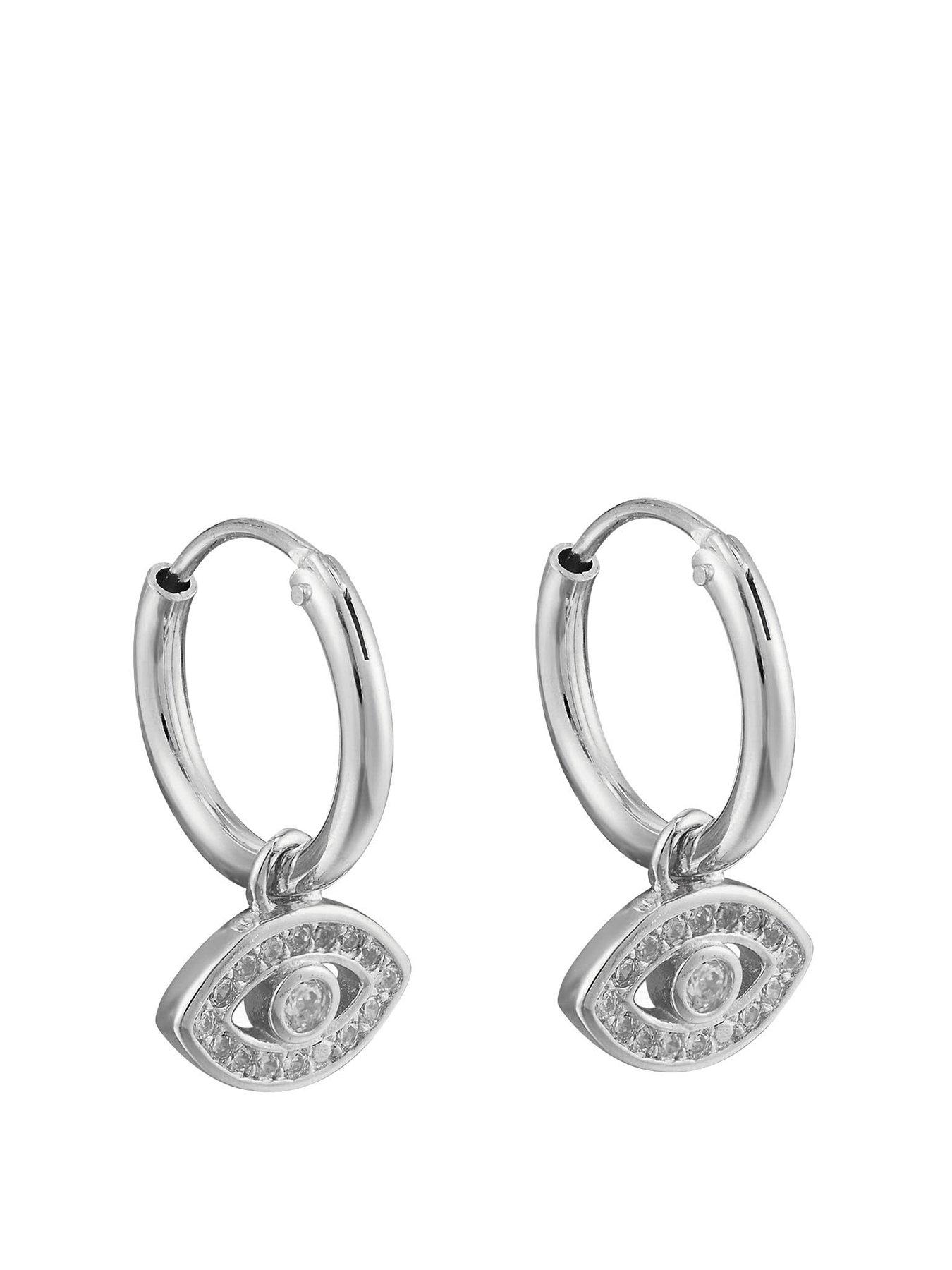 The Love Collection Sterling Silver White CZ Crystal Eye Charm Huggie Earrings