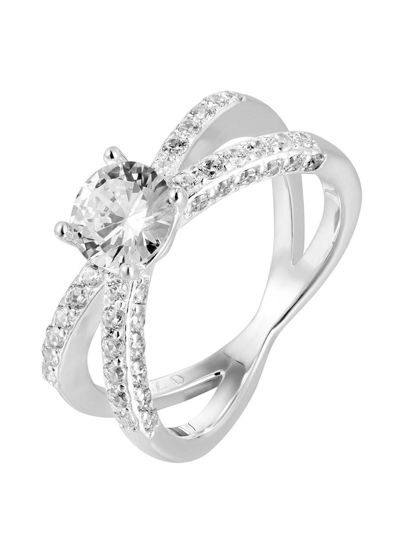 Image 1 of 4 of The Love Collection Sterling Silver Solitaire CZ Criss Cross Pave Engagement Ring