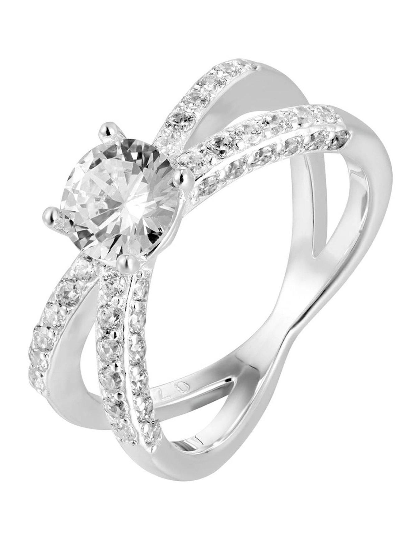 The Love Collection Sterling Silver Solitaire CZ Criss Cross Pave Engagement Ring