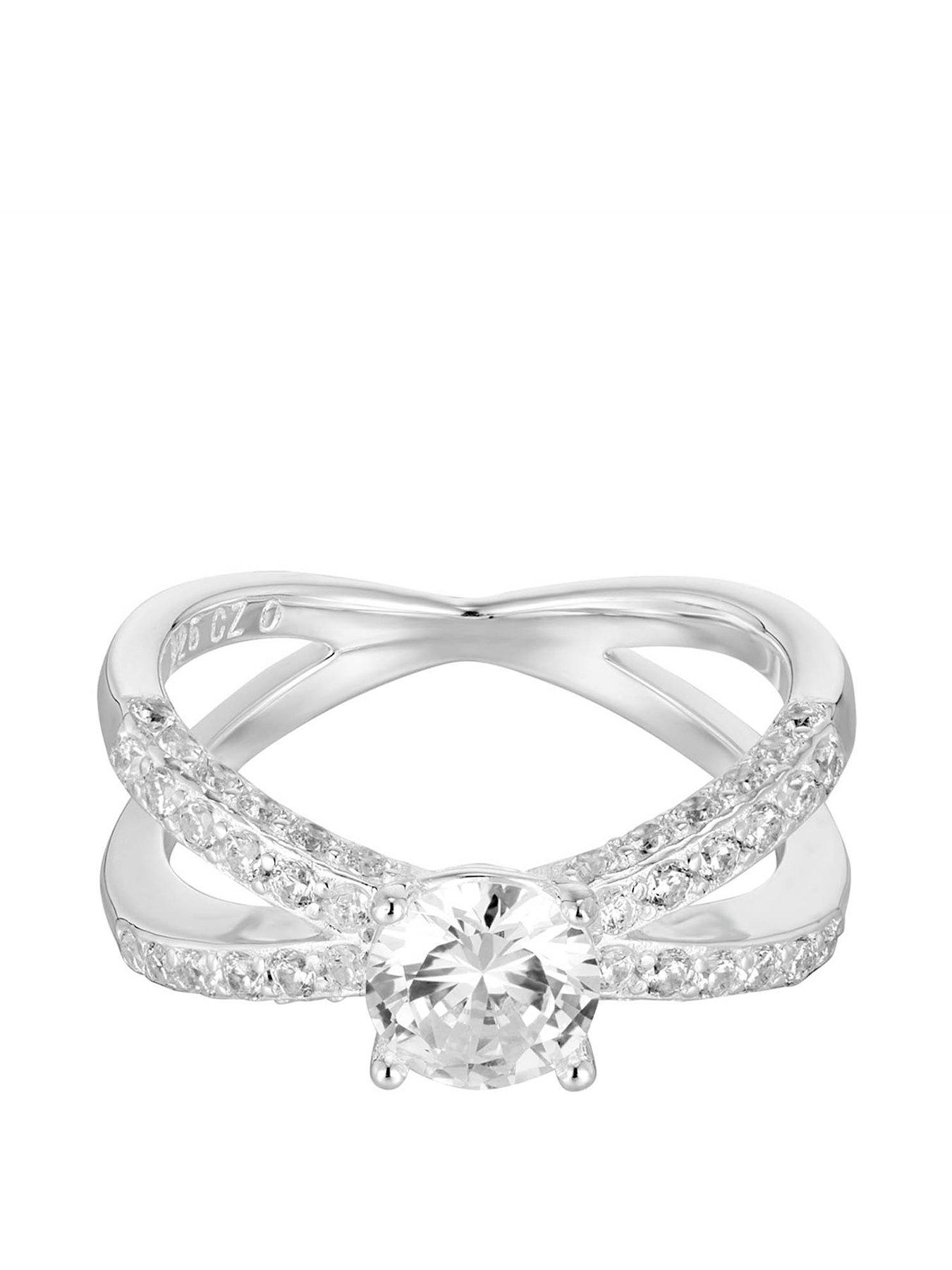 Image 3 of 4 of The Love Collection Sterling Silver Solitaire CZ Criss Cross Pave Engagement Ring