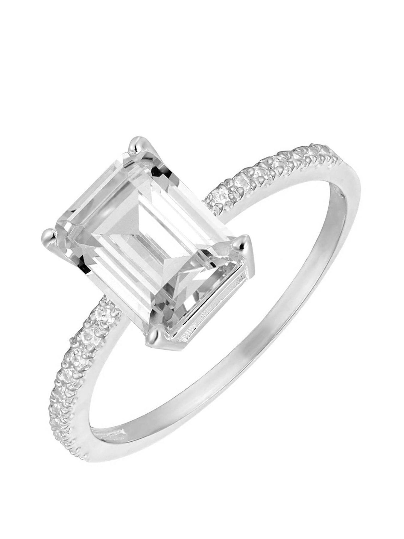 The Love Collection Sterling Silver Pave Classic Emerald Cut CZ Engagement Ring