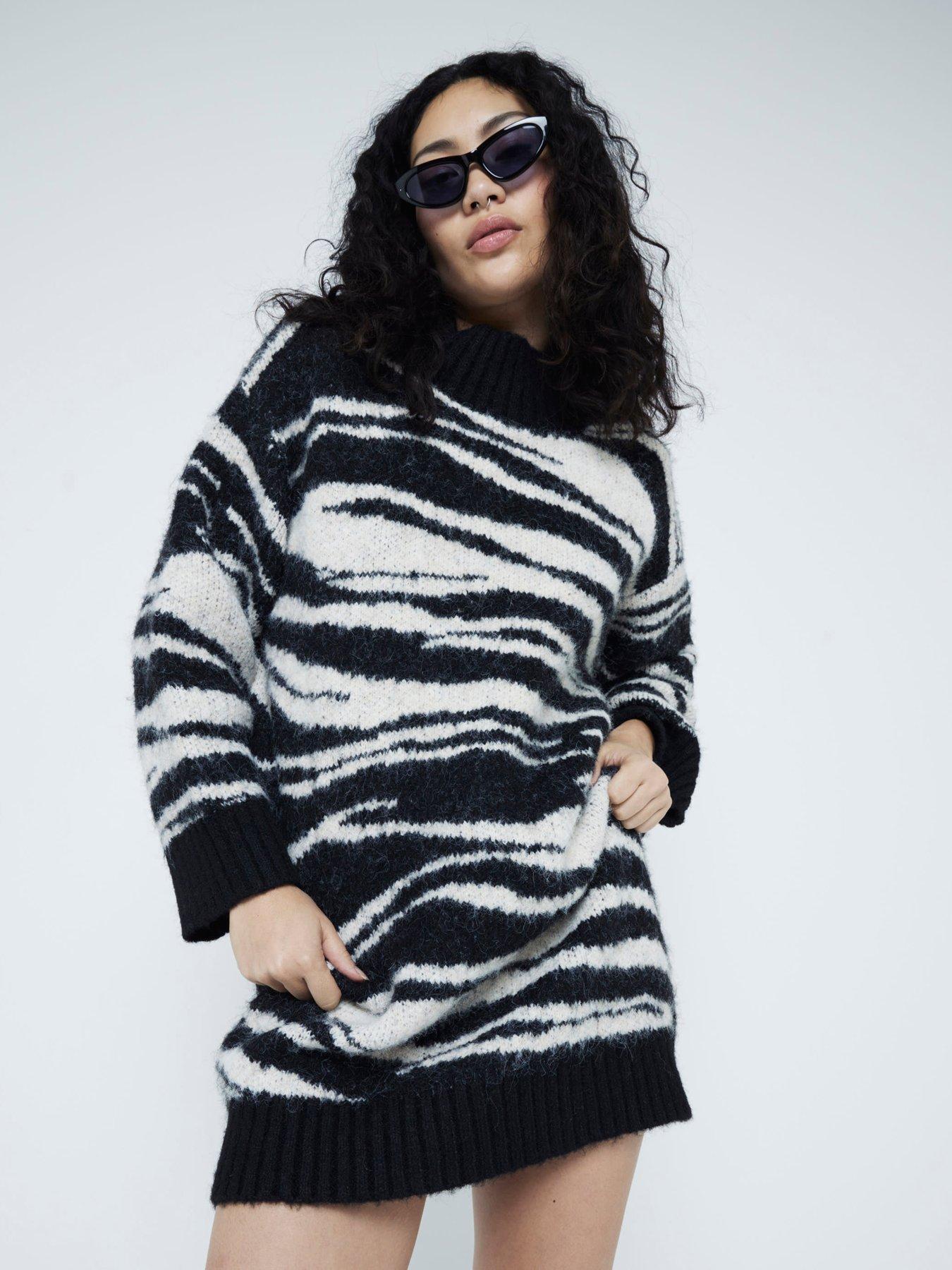 undefined High Neck Animal Print Jumper Dress - Light Beige