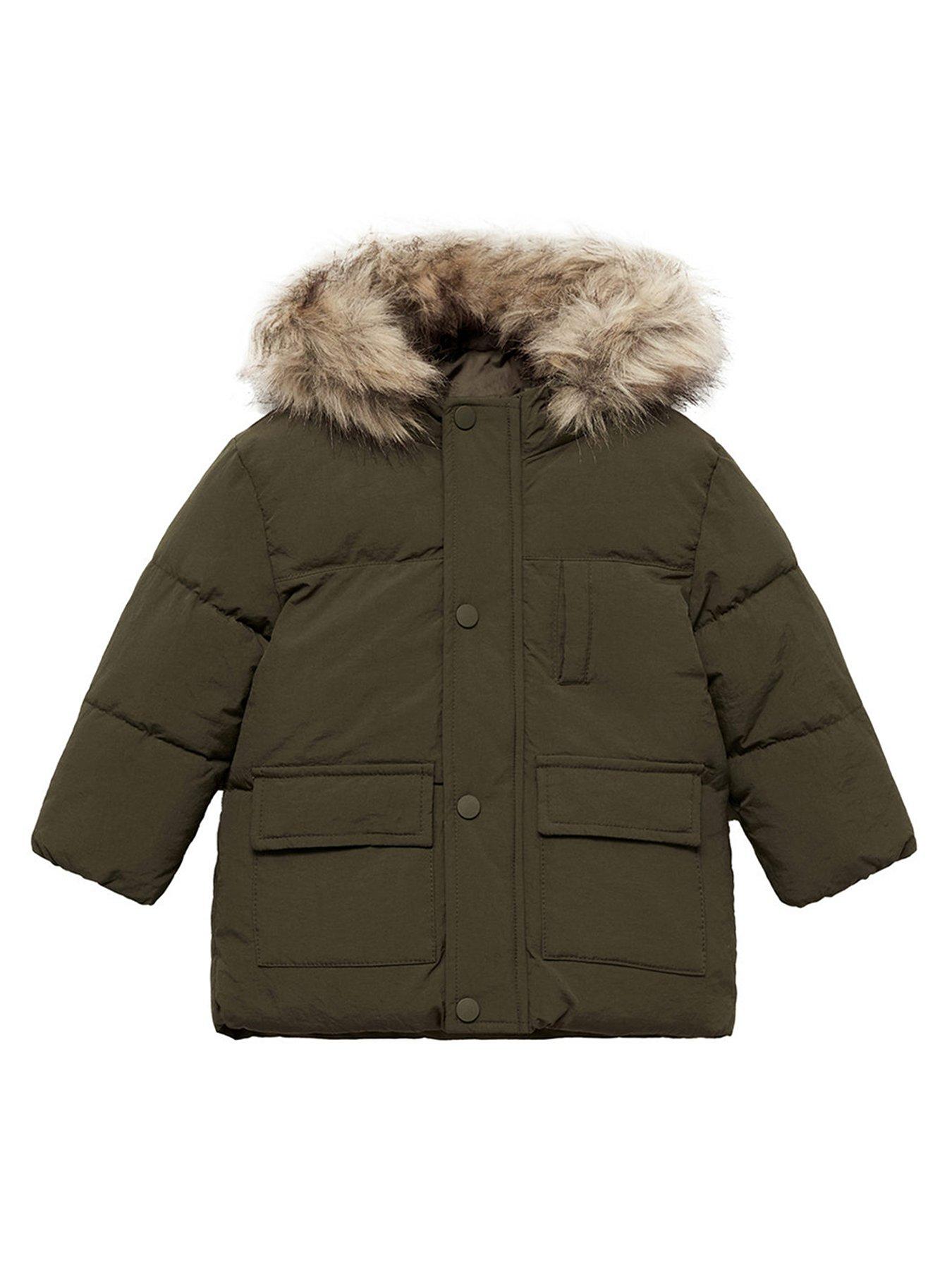 Mango Younger Boys Faux Fur Trim Hooded Coat Khaki littlewoods