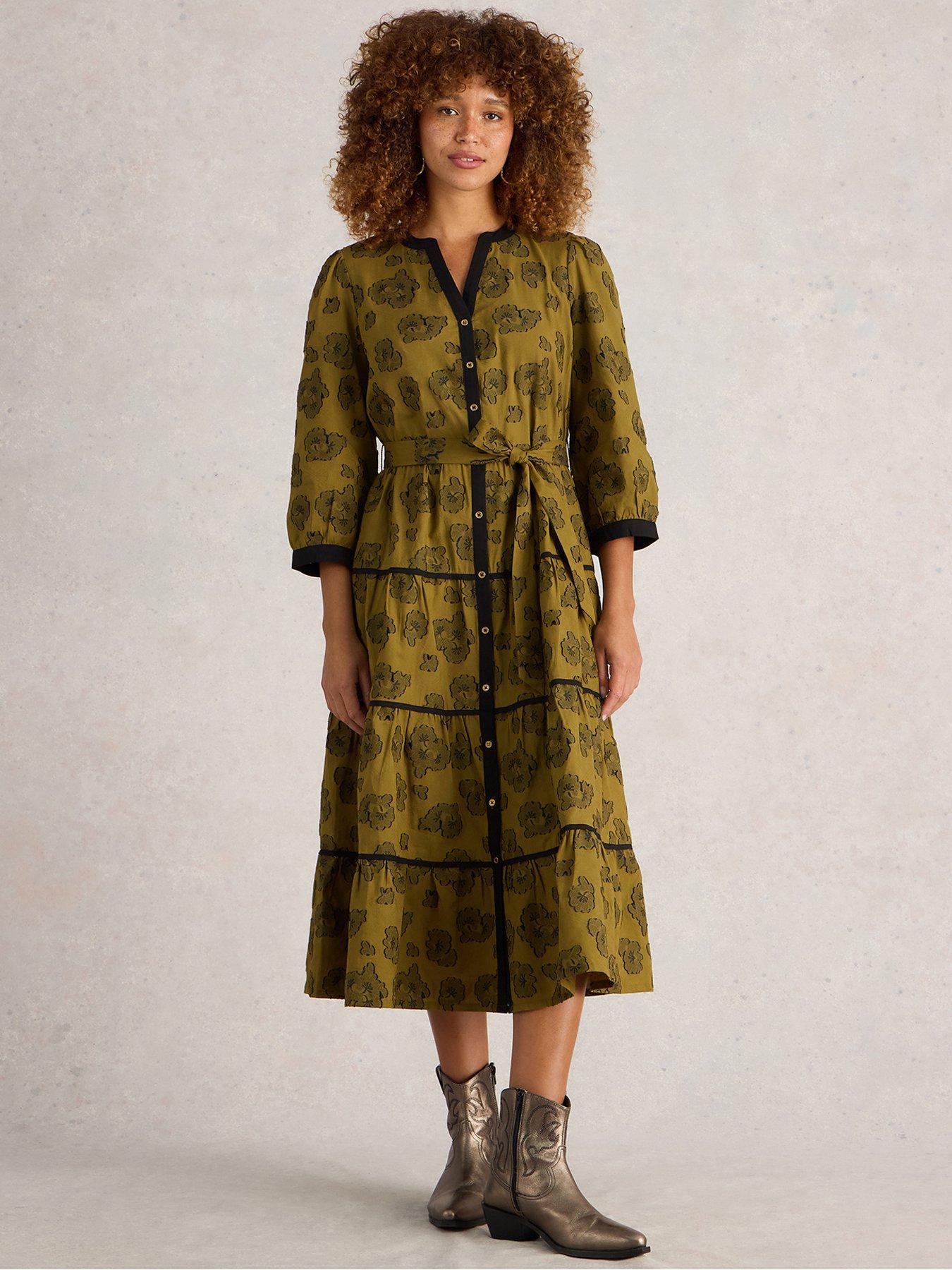 green emerald velvet dress White Stuff Lucy V Neck Midi Dress In Green Multi main image 0