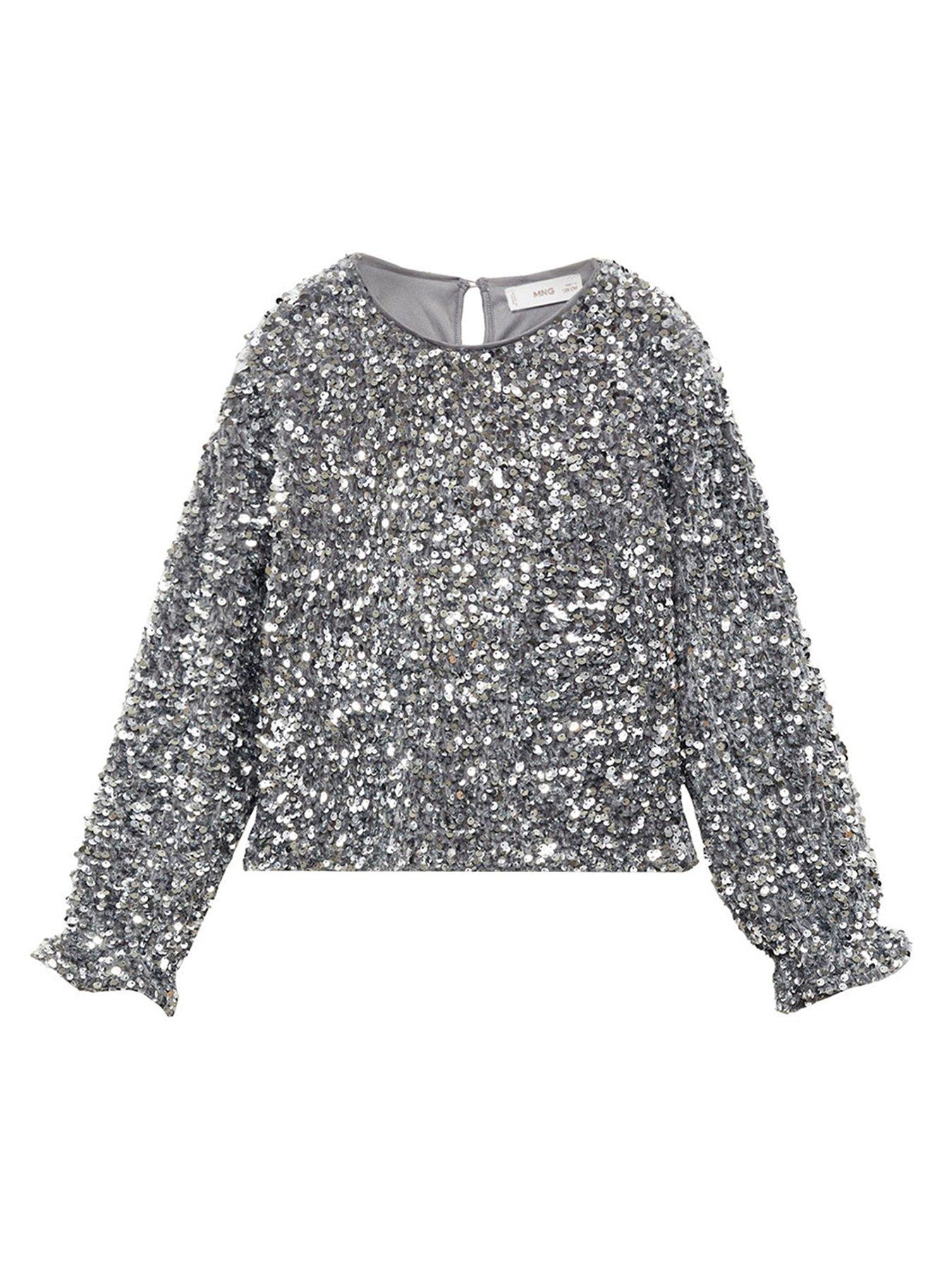 undefined Girls Sequin Long Sleeve Top - Silver