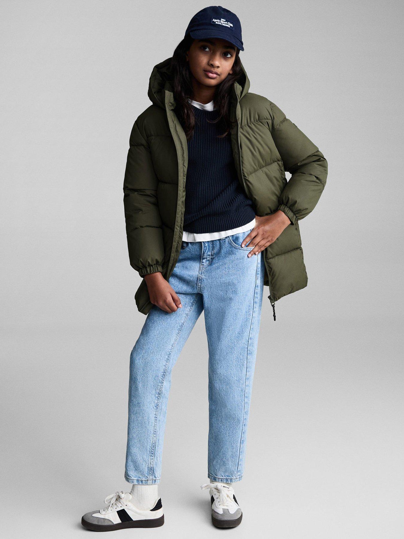 undefined Girls Longer Line Padded Coat - Khaki