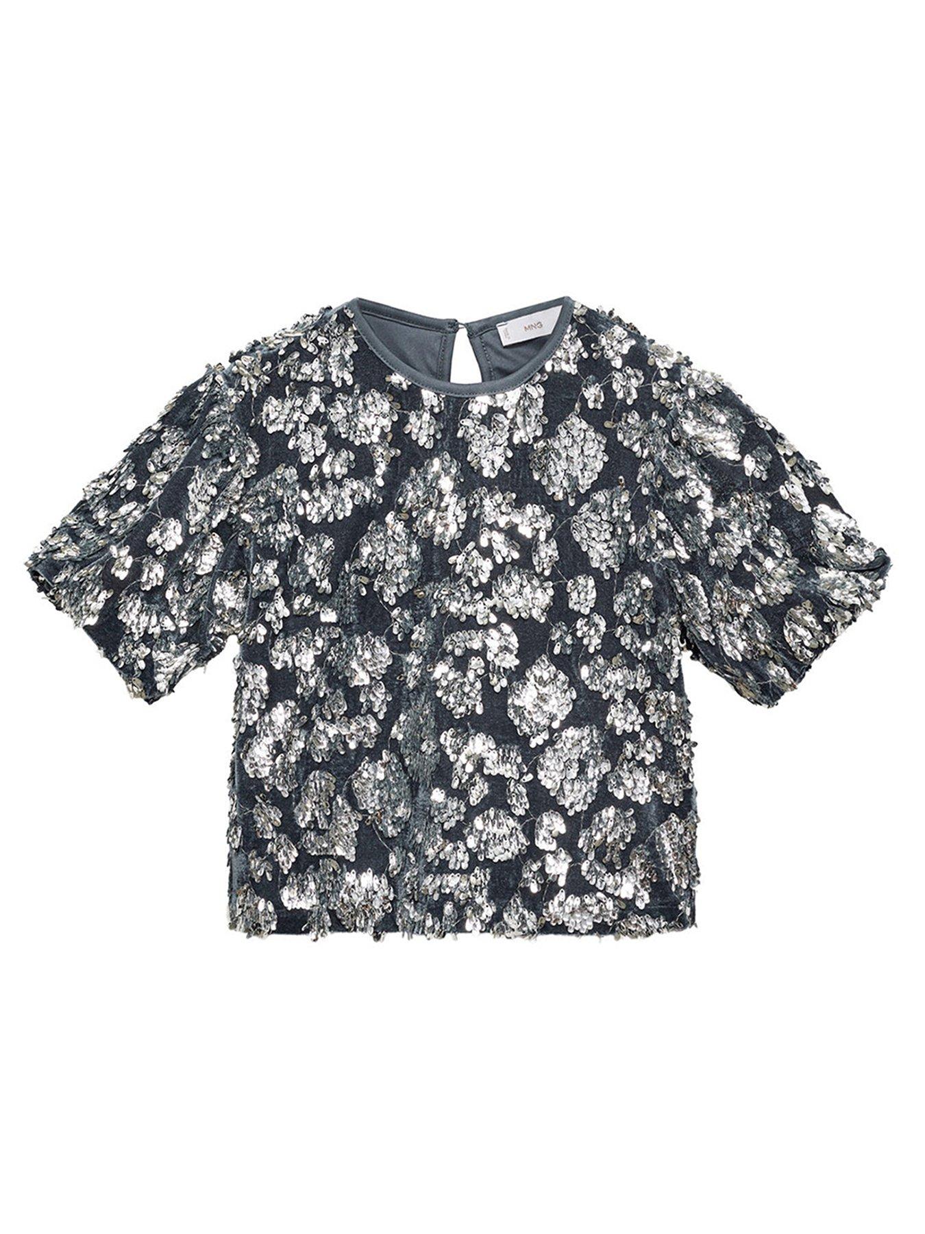 undefined Girls Sequin Short Sleeve Top - Grey