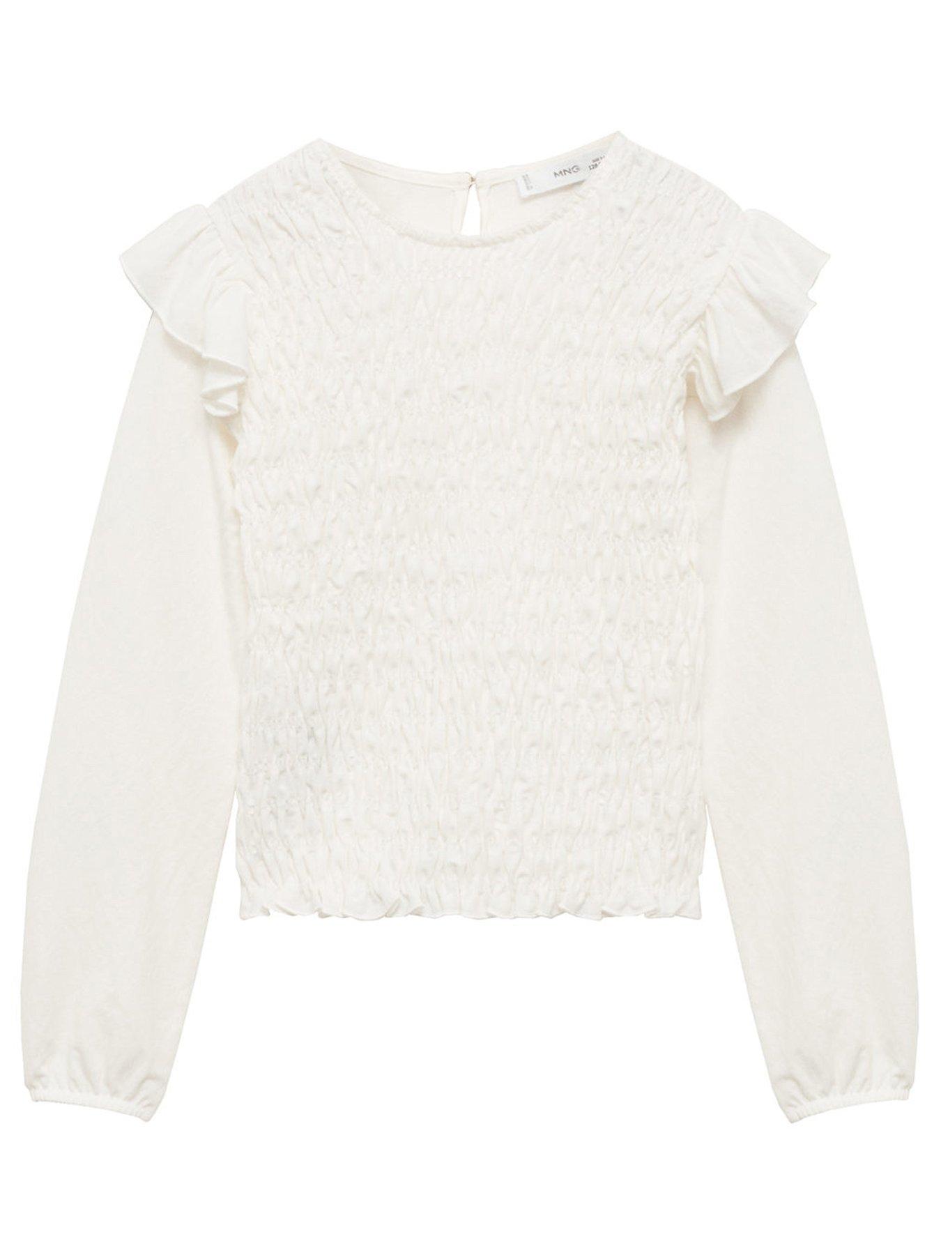 undefined Girls Long Sleeve Textured T-Shirt With Frill Detail - Light Cream