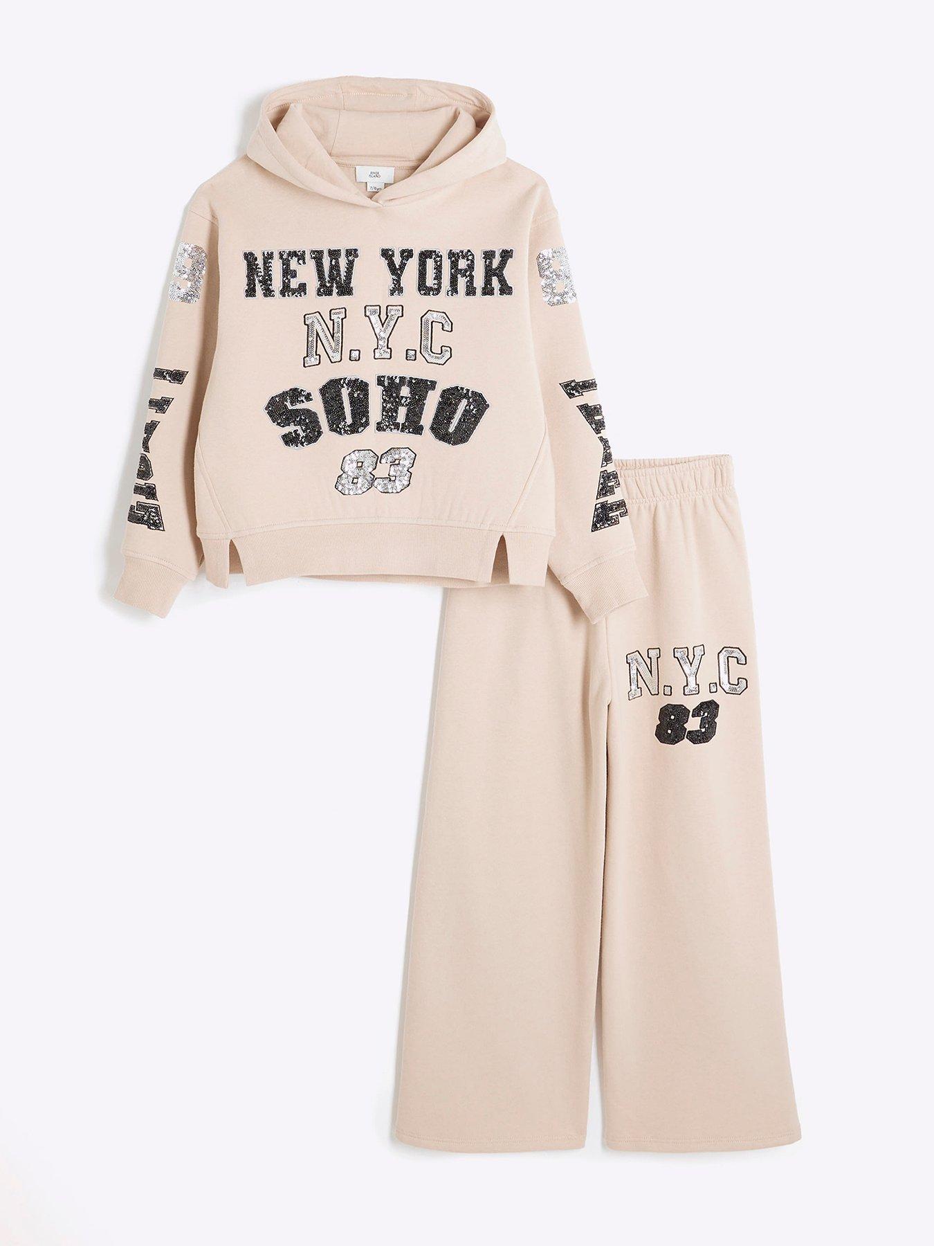 front image of river-island-girls-sequin-new-york-hoodie-set-beige