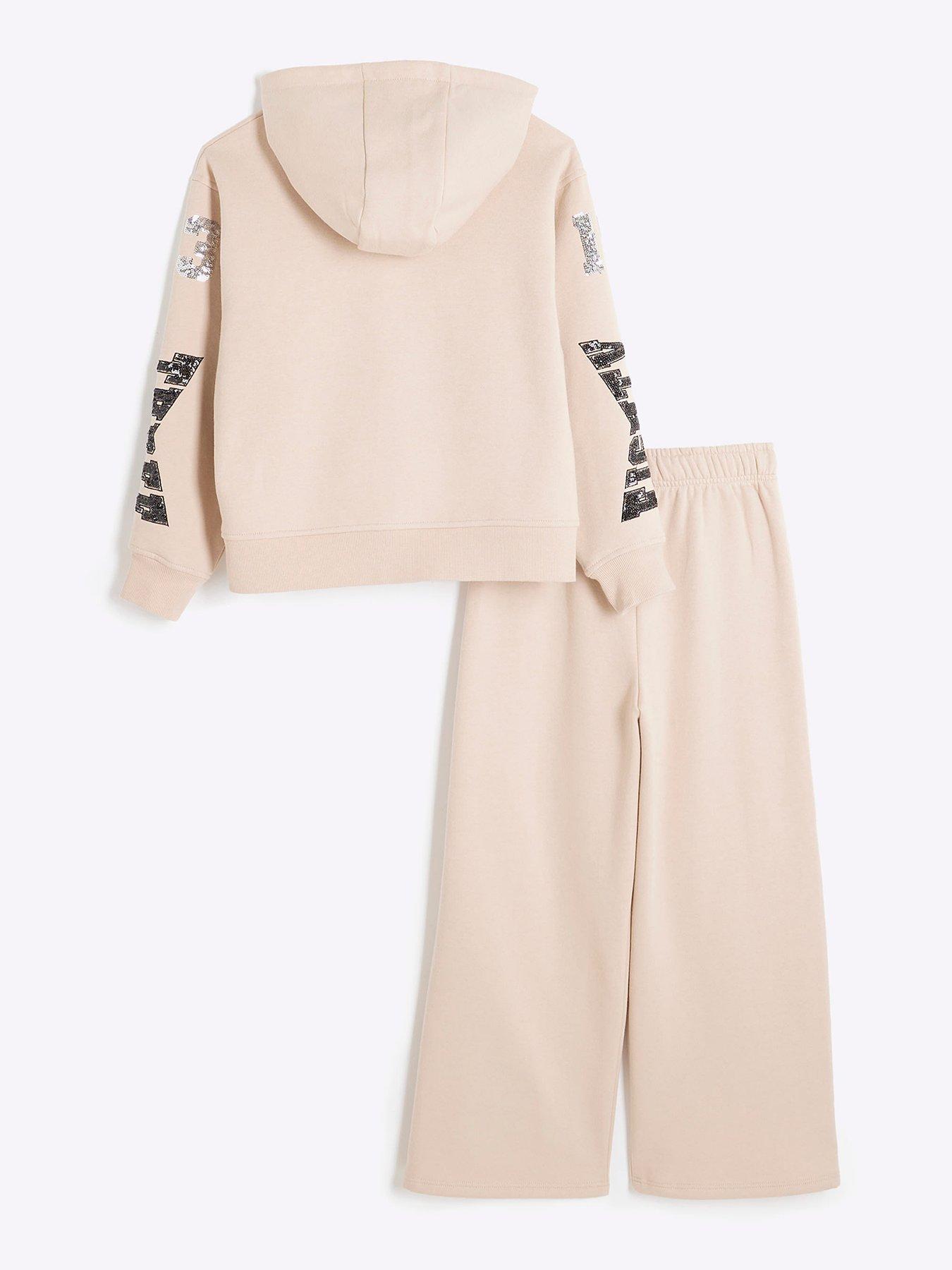 back image of river-island-girls-sequin-new-york-hoodie-set-beige