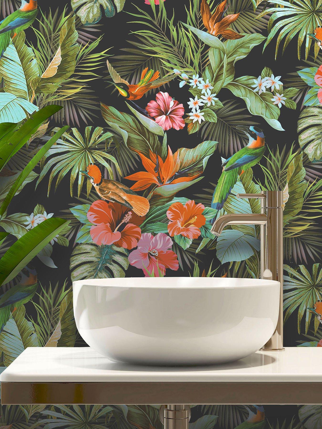 undefined Paradise Birds Heavyweight Vinyl Wallpaper in Black/Multi