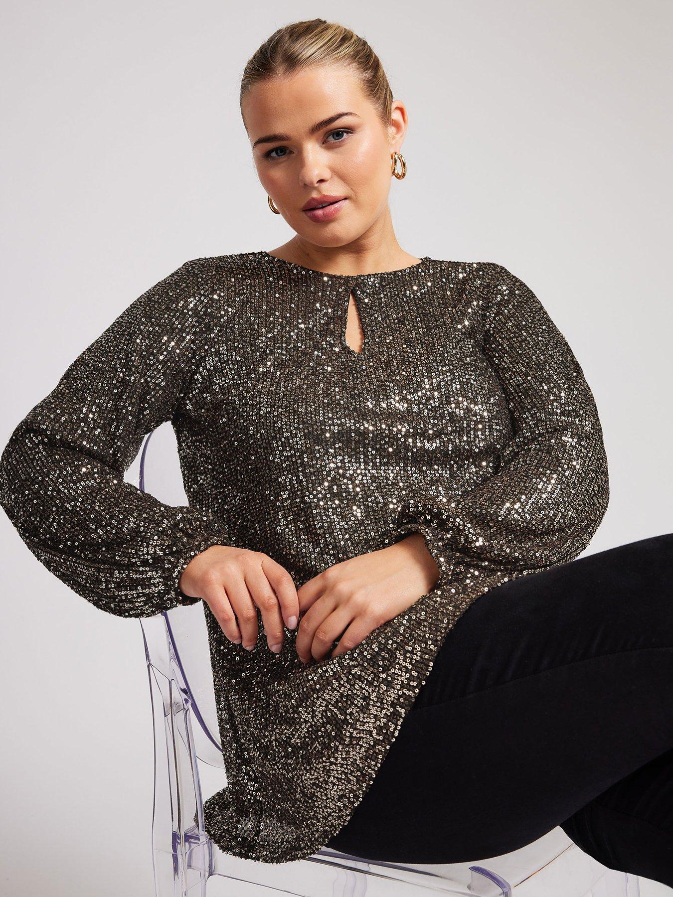 Yours Curve Sequin Keyhole Bellow Sleeve Top - Gold