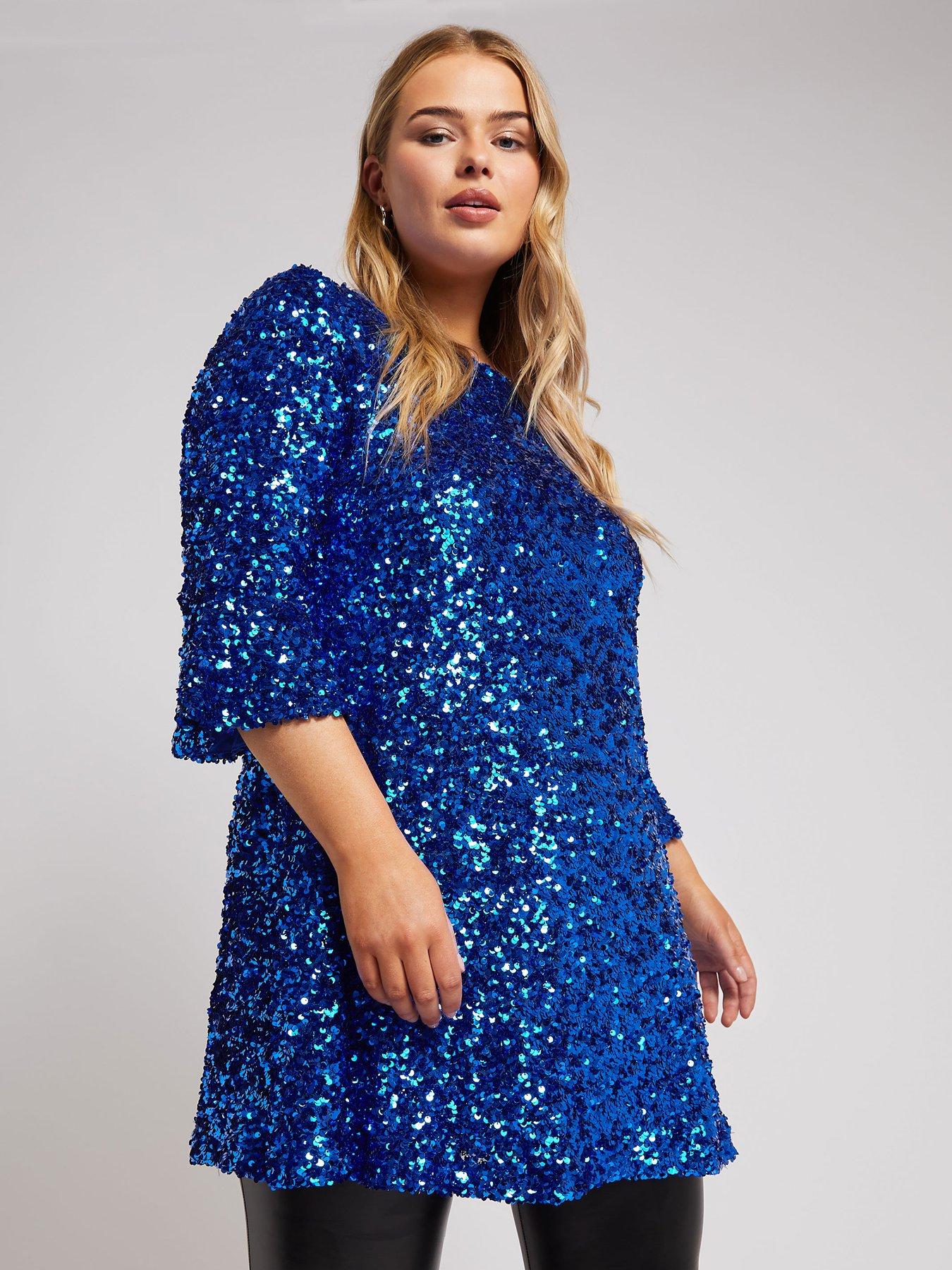 Yours Curve Sequin Flute Sleeve Top - Blue