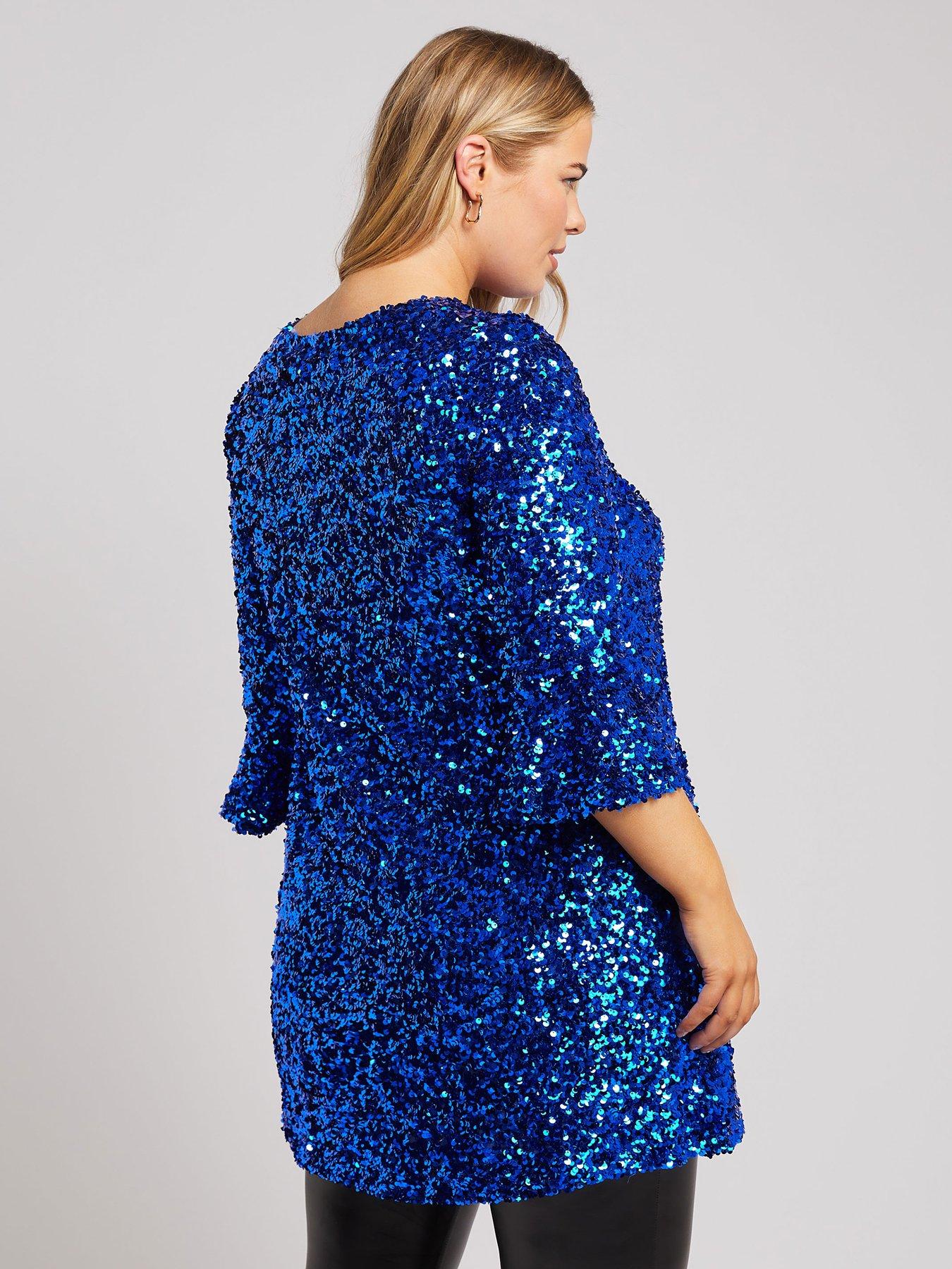 Image 2 of 4 of Yours Curve Sequin Flute Sleeve Top - Blue