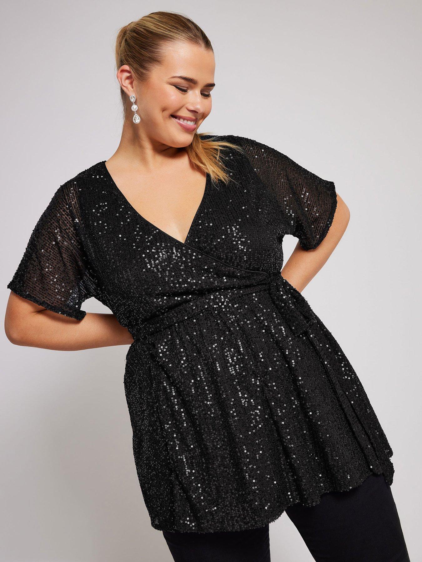 Yours Curve Sequin Wrap Top - Black