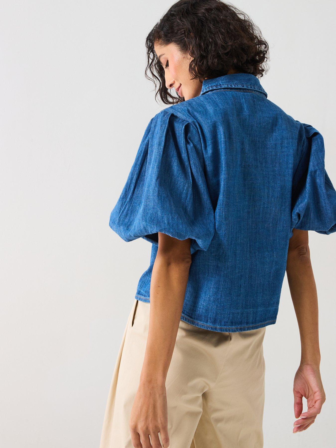  image of v-by-very-bubble-sleeve-denim-shirt-mid-wash