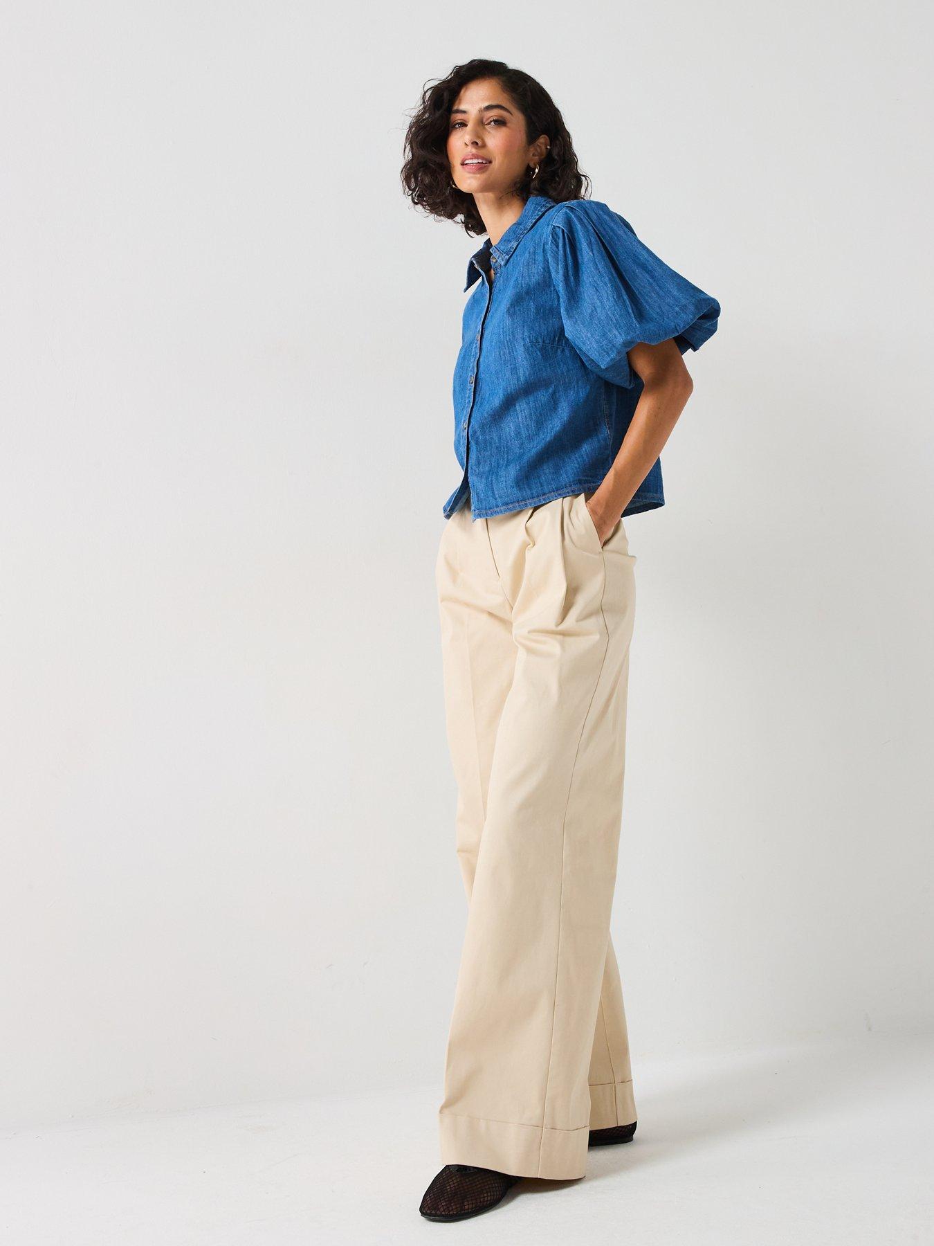  image of v-by-very-bubble-sleeve-denim-shirt-mid-wash
