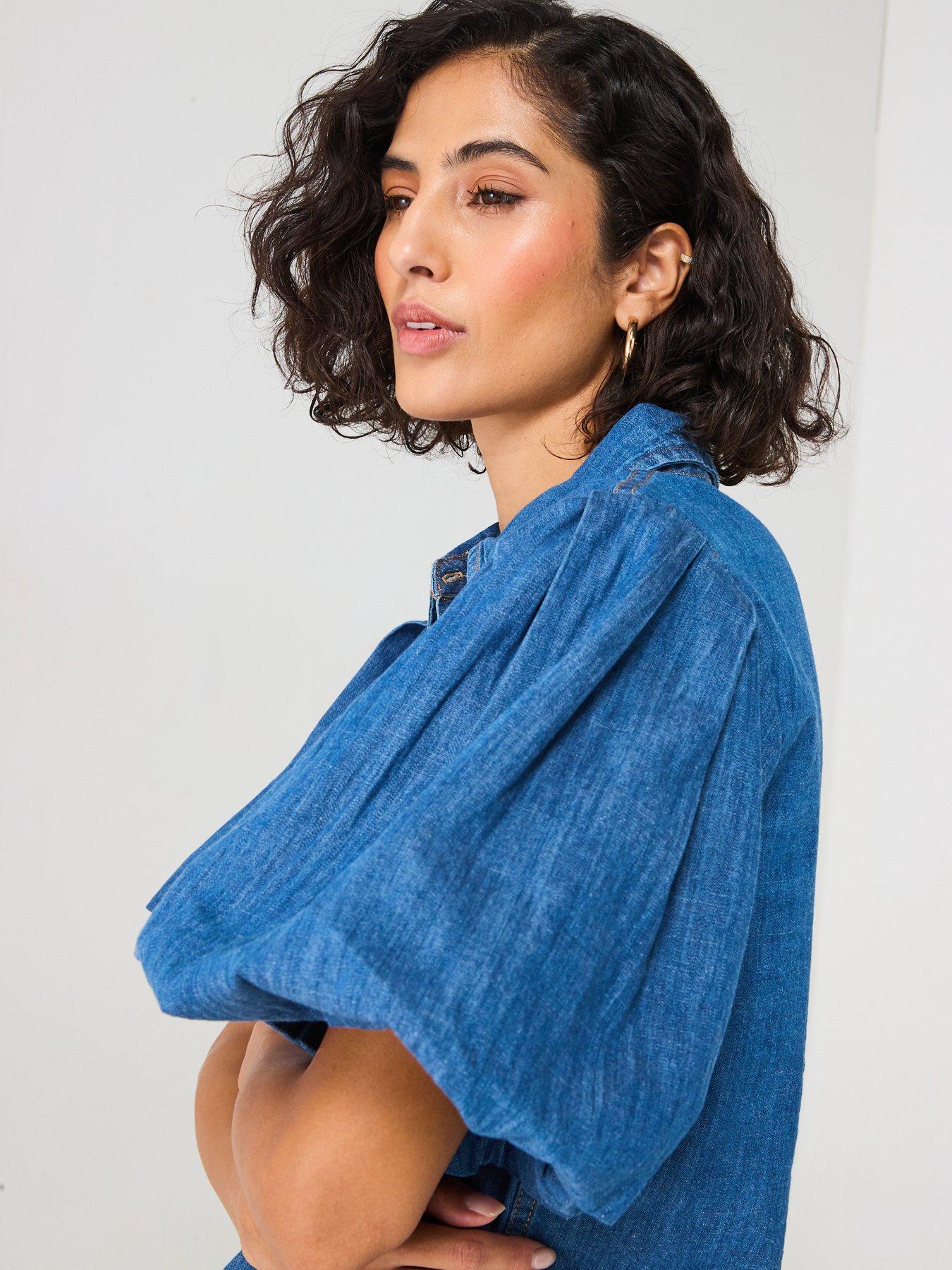  image of v-by-very-bubble-sleeve-denim-shirt-mid-wash