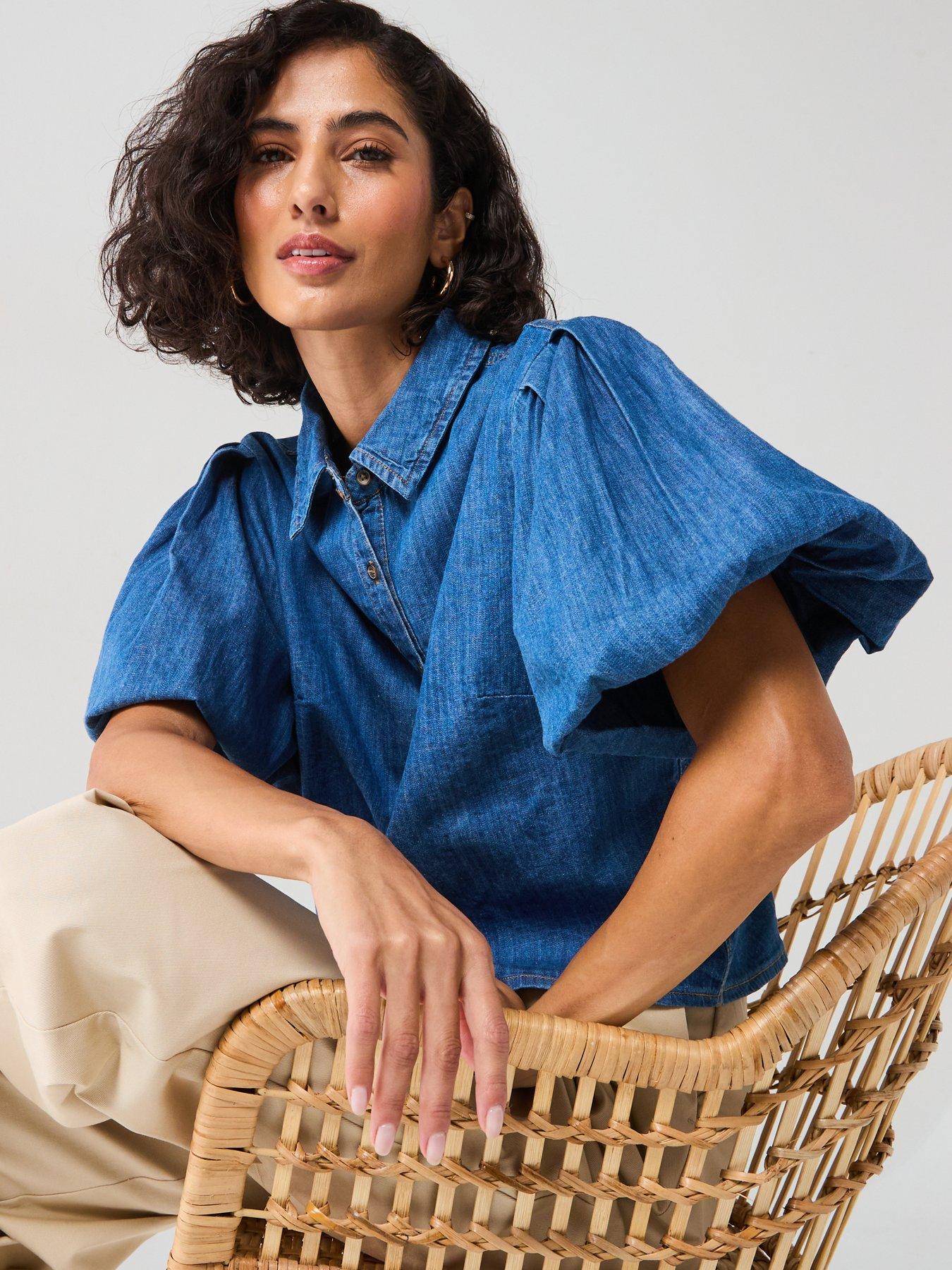  image of v-by-very-bubble-sleeve-denim-shirt-mid-wash