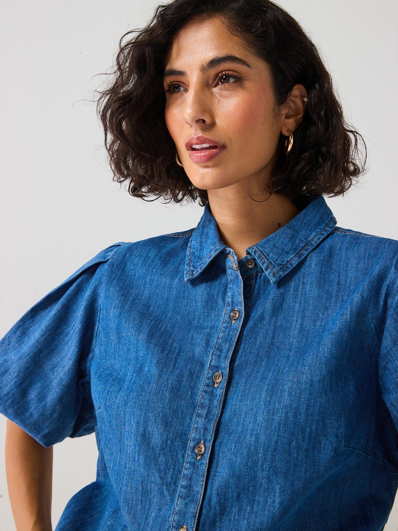  image of v-by-very-bubble-sleeve-denim-shirt-mid-wash
