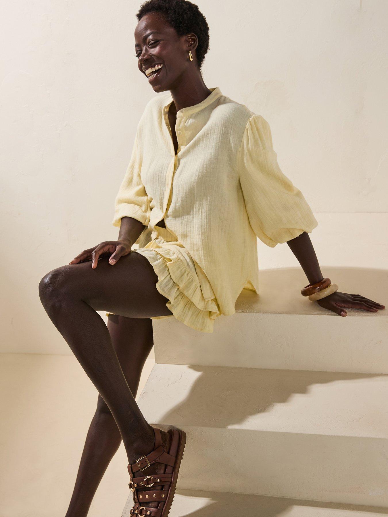  image of v-by-very-crinkle-button-through-co-ord-top-yellow