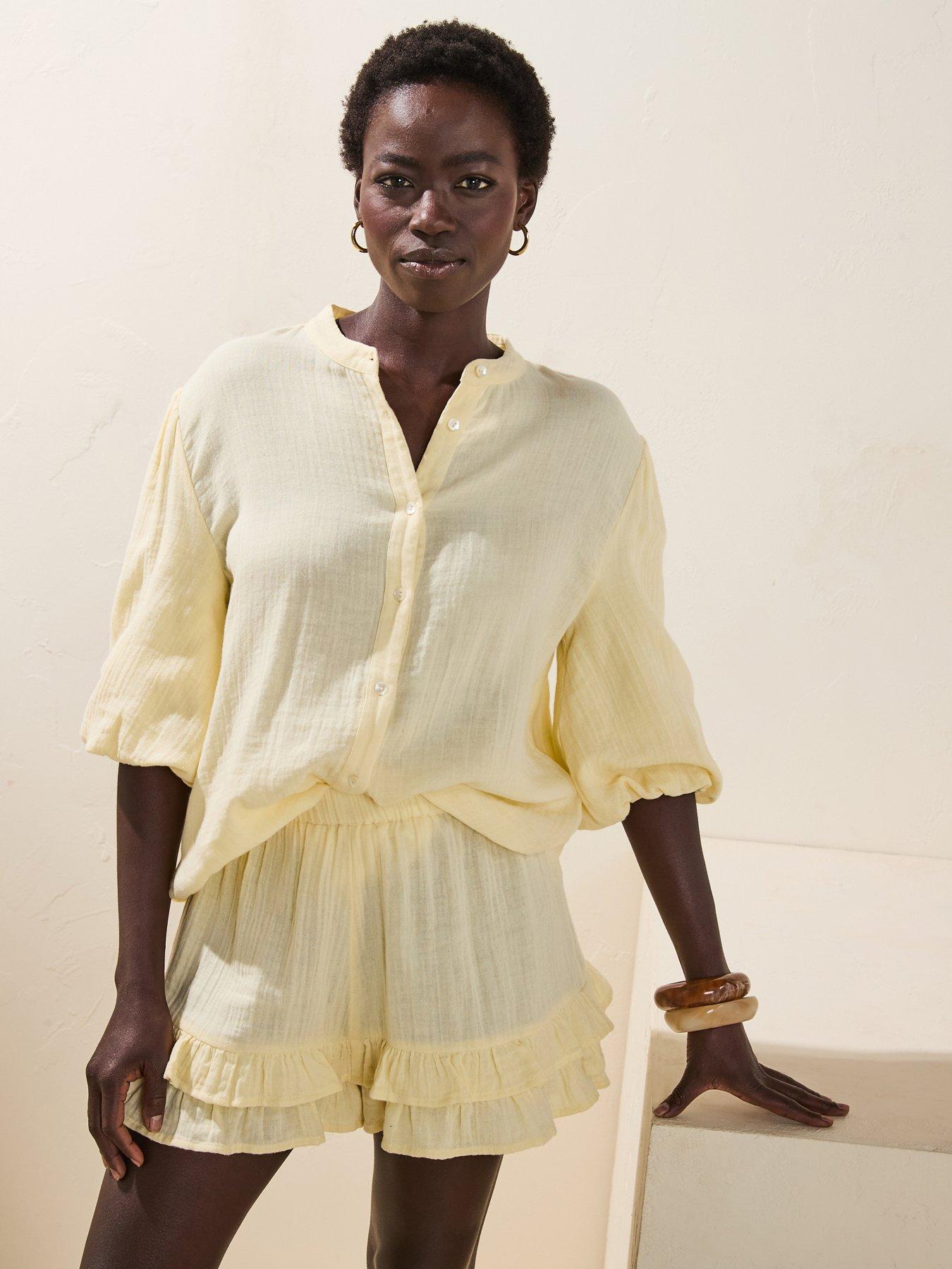  image of v-by-very-crinkle-button-through-co-ord-top-yellow