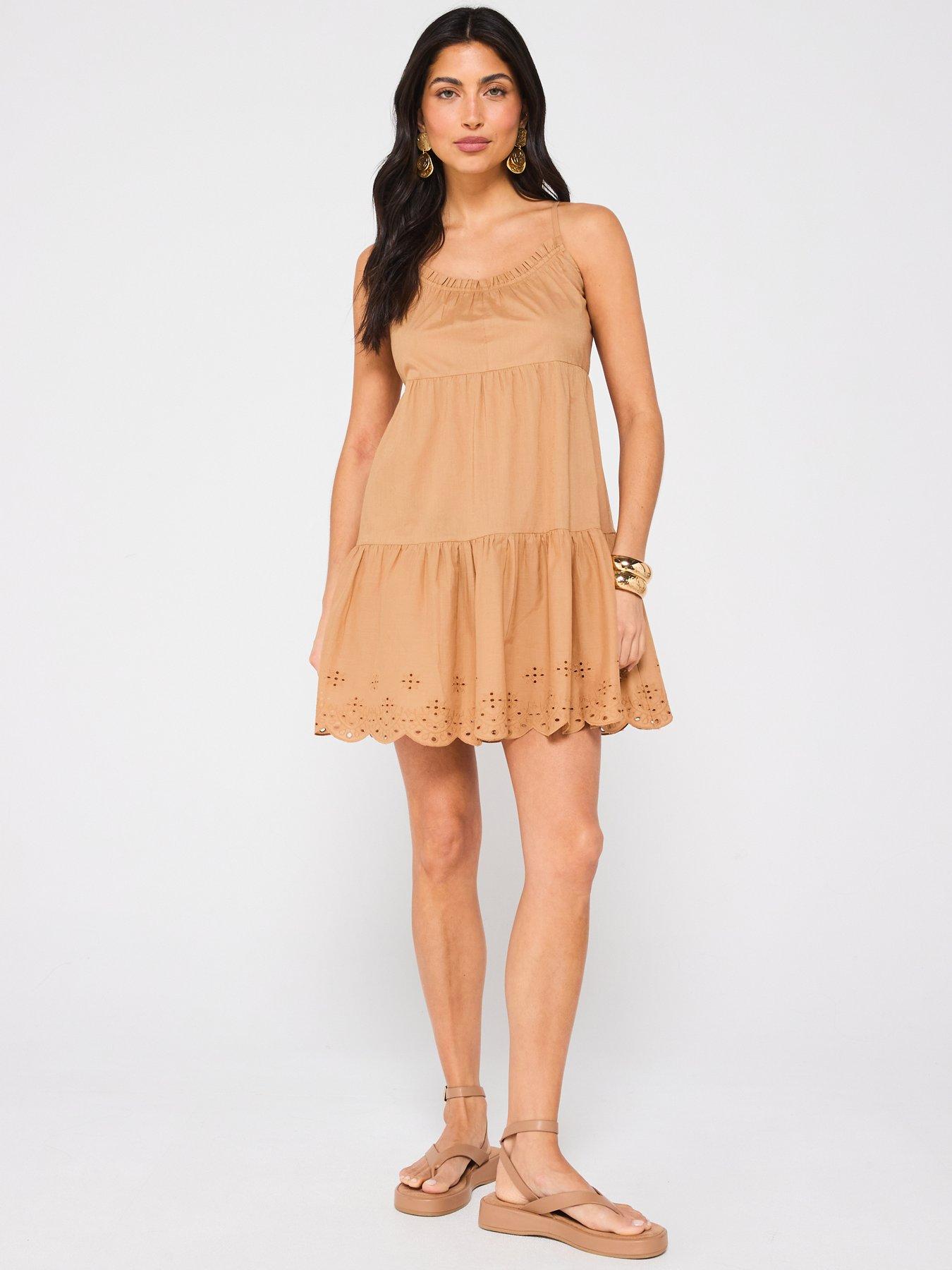 undefined Broderie Hem Tiered Beach Dress - Natural