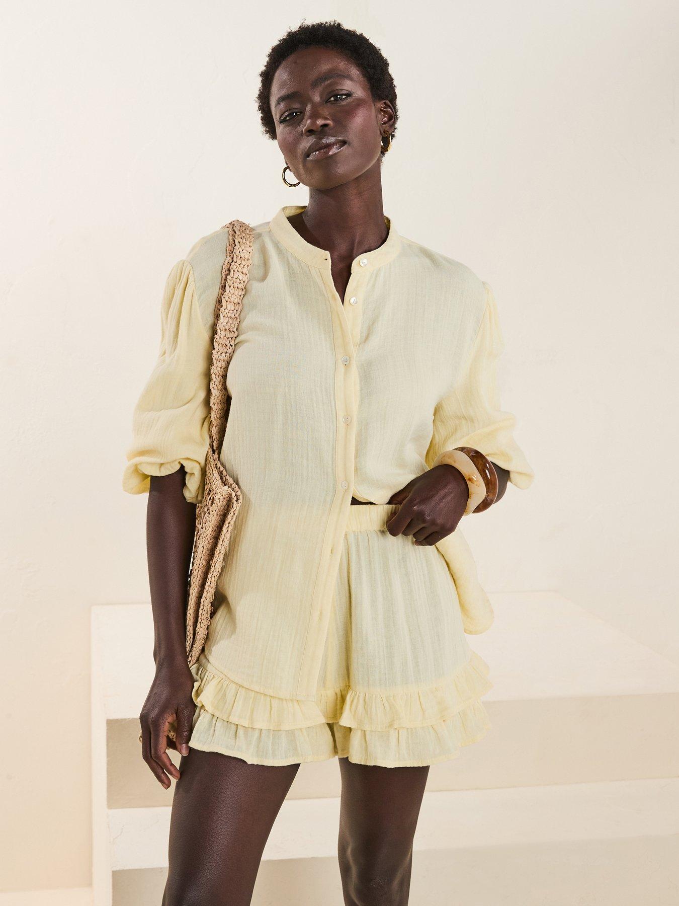 V by Very Crinkle Frill Hem Beach Shorts - Yellow