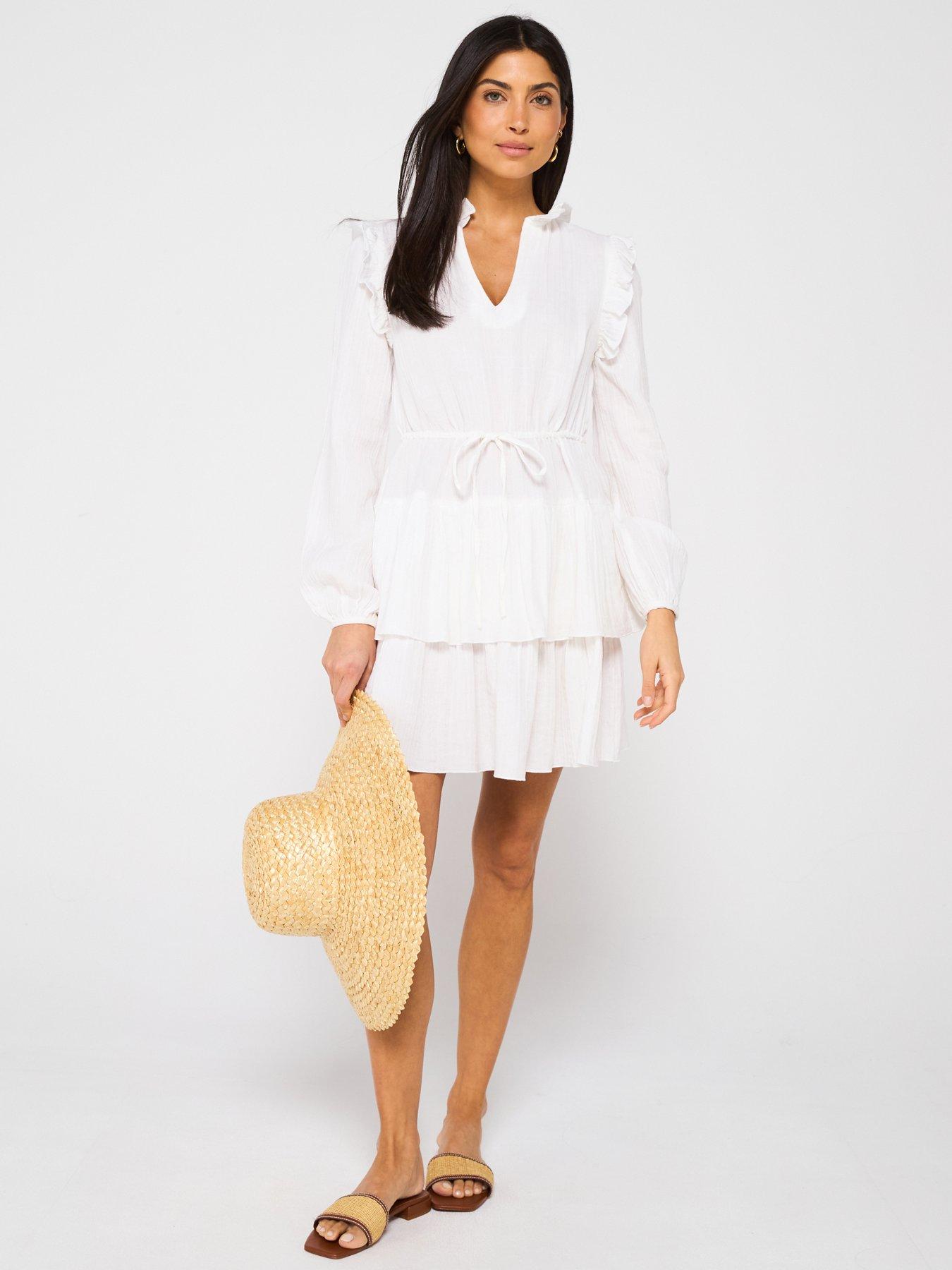 undefined Cheesecloth Frill Detail Tie Waist Mini Dress - White