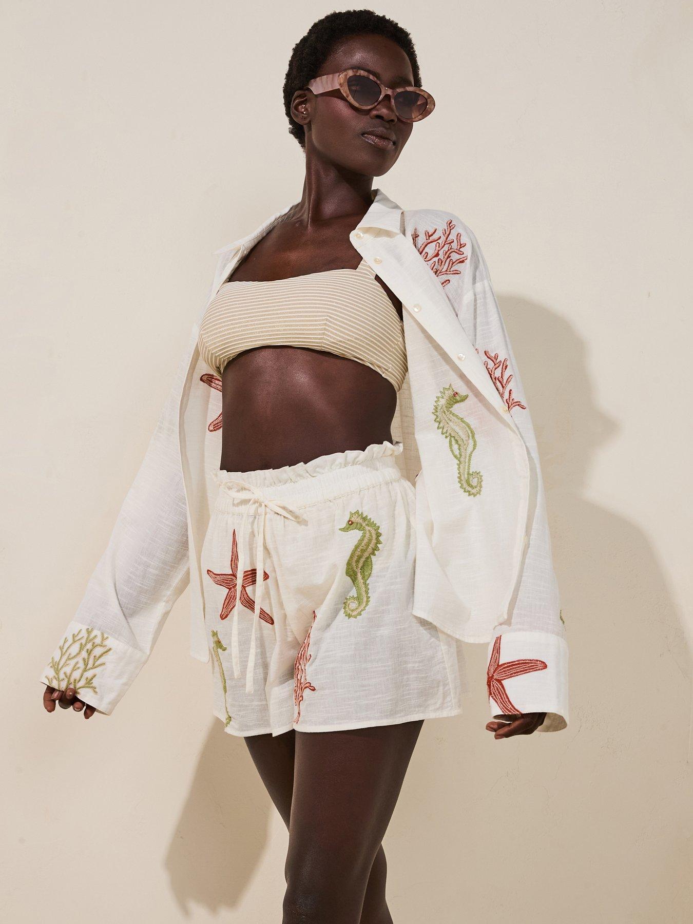 V by Very Sea Embroidered Co Ord Beach Shorts - Cream