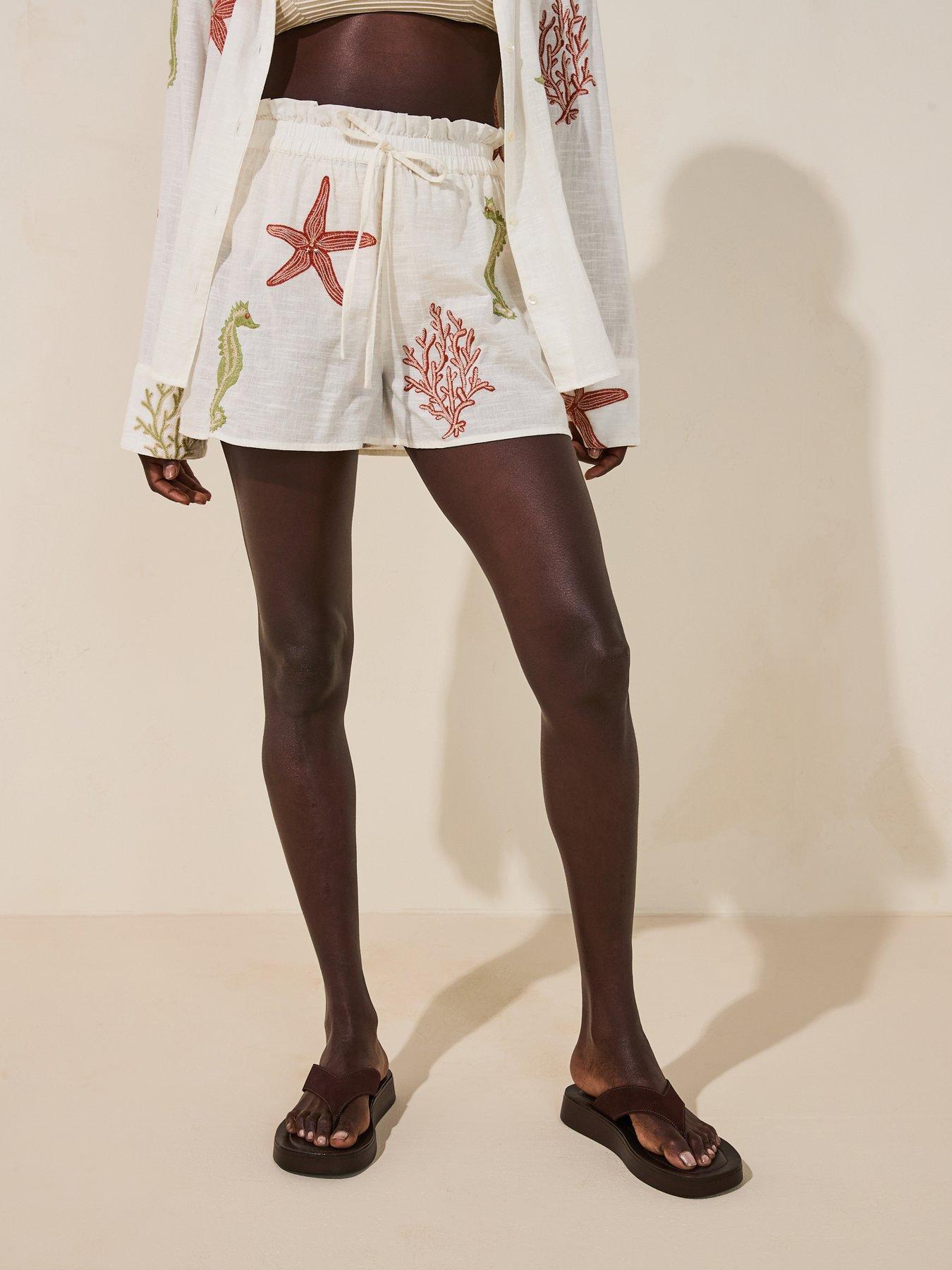  image of v-by-very-sea-embroidered-co-ord-beach-shorts-cream