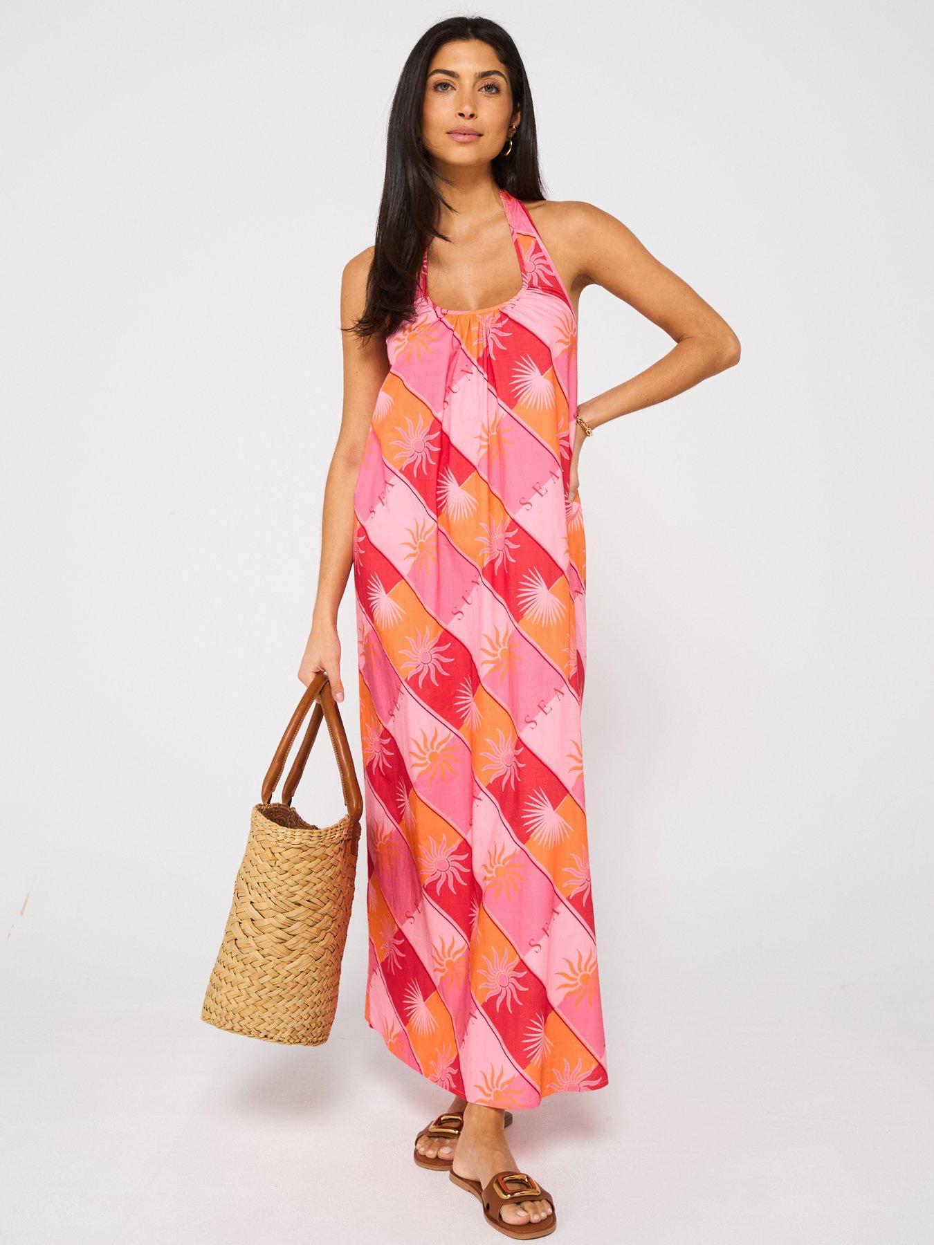 undefined Halter Bow Back Printed Midi Beach Dress - Print