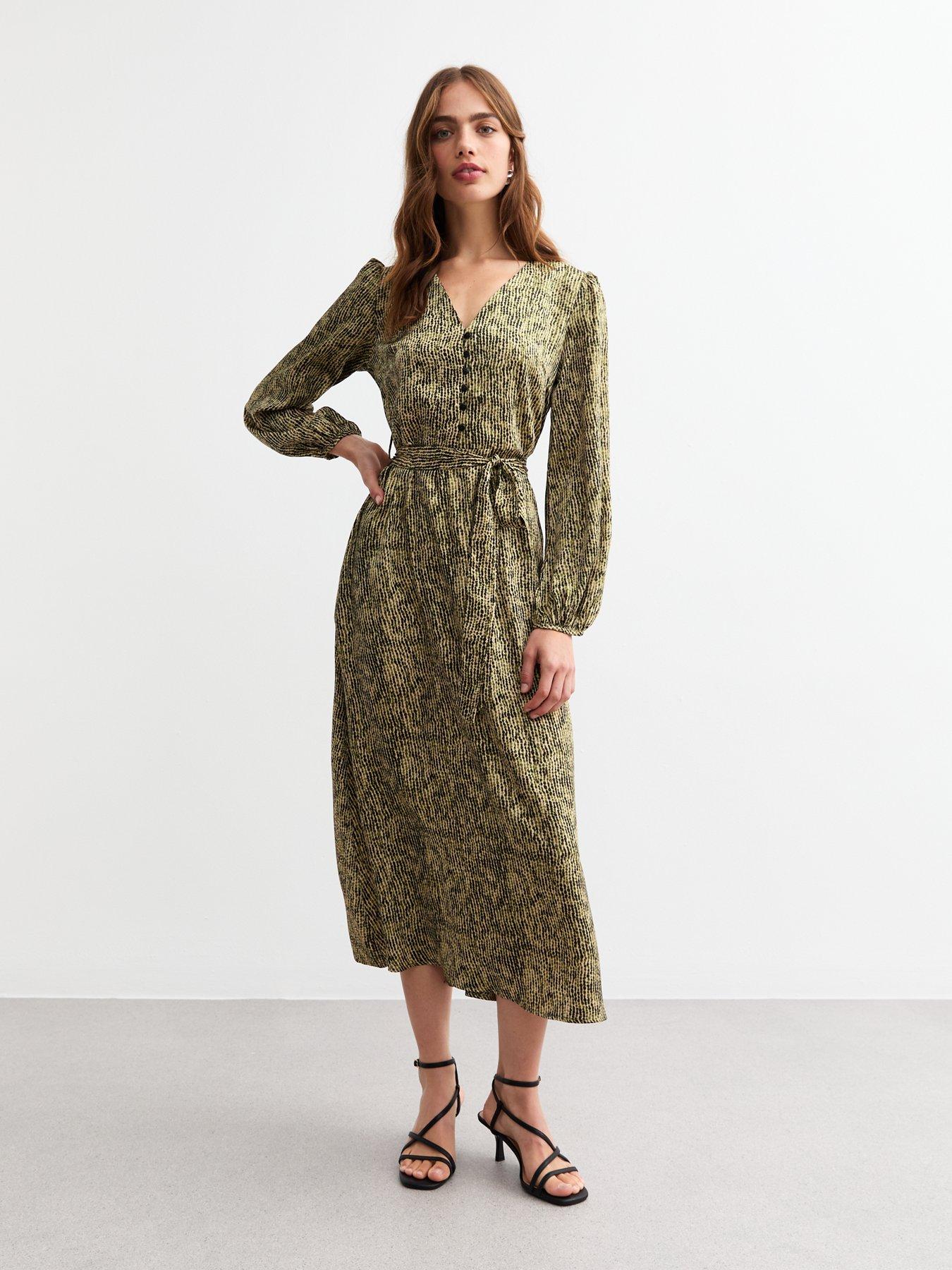 Image 1 of 5 of New Look Pattern Satin Midi Dress - Green/Print