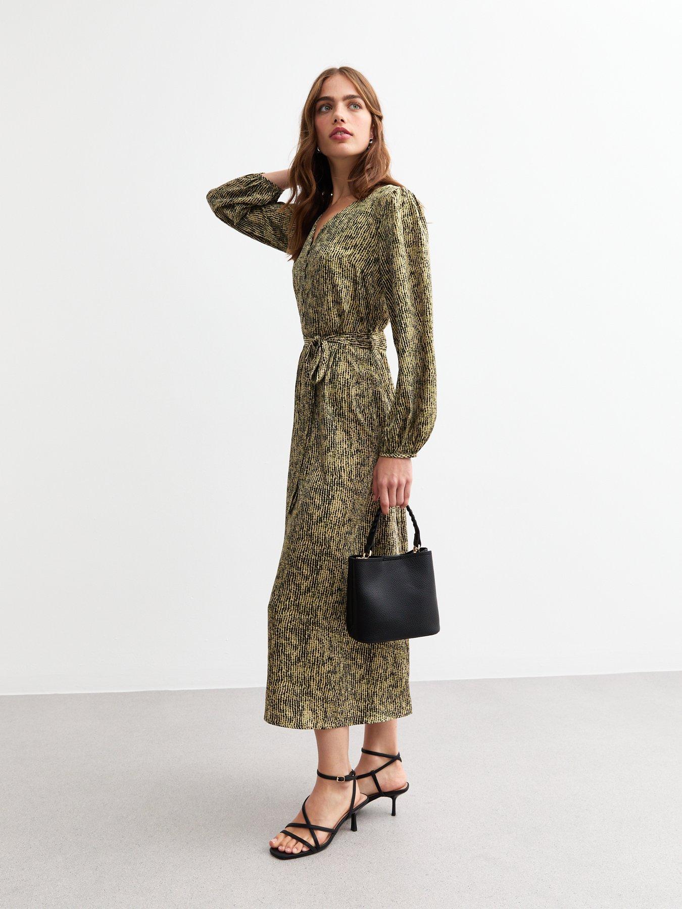 Image 3 of 5 of New Look Pattern Satin Midi Dress - Green/Print