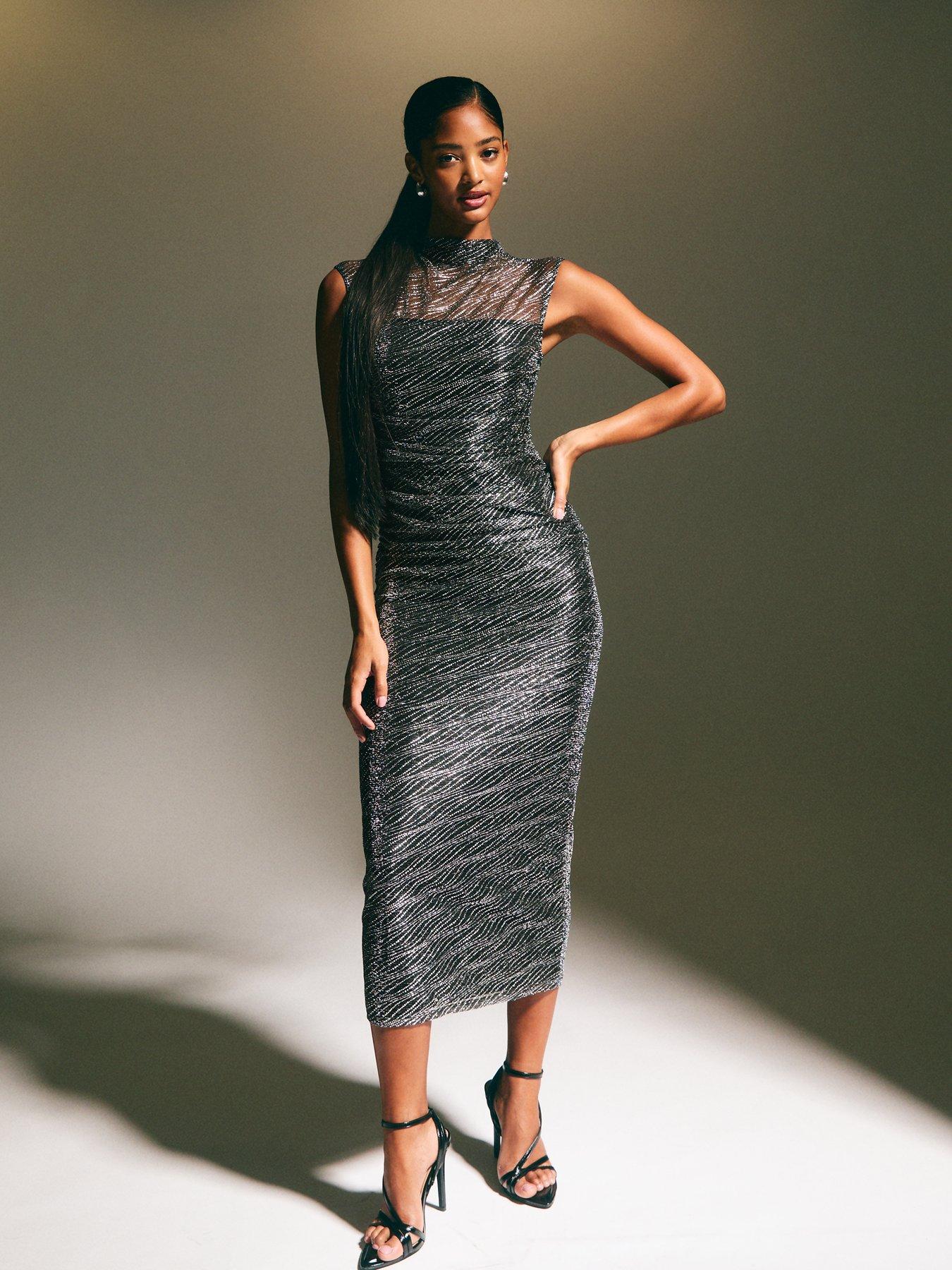 undefined Pewter Foil Dot Pattern Mesh Midi Dress - Silver