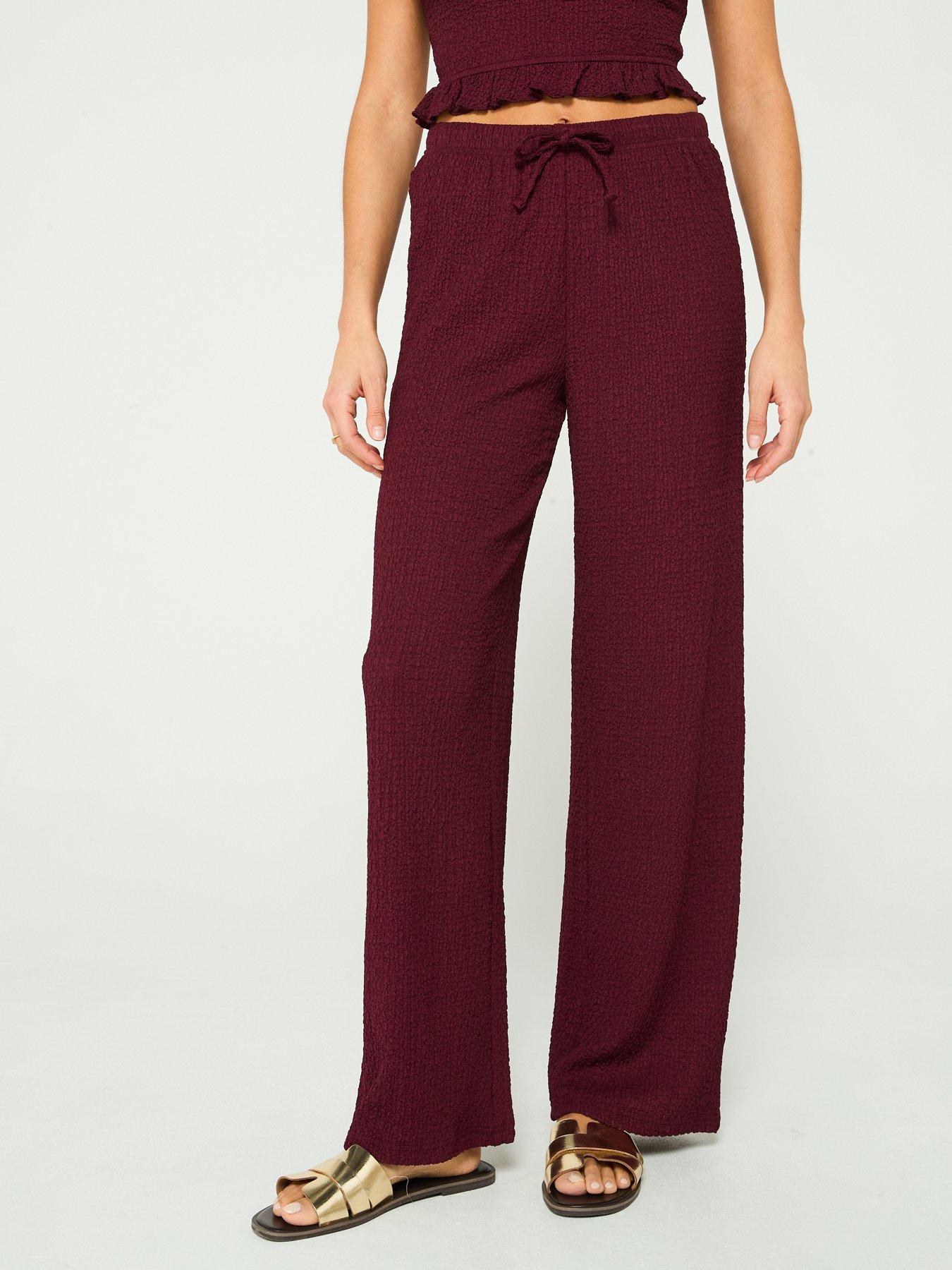 undefined Crinkle Co Ord Wide Leg Trousers - Dark Red