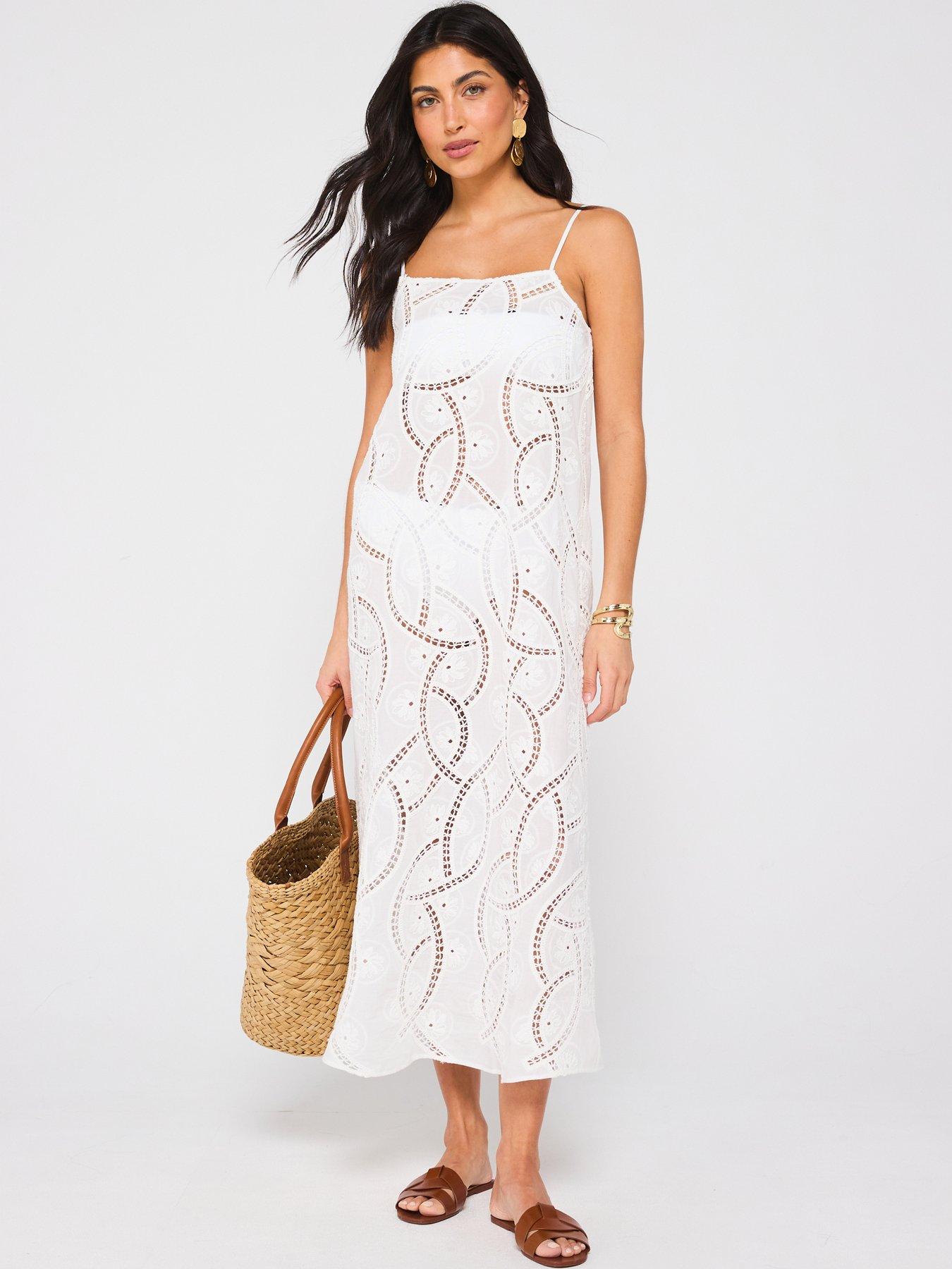 V by Very All Over Embroidered Strappy Beach Dress - White