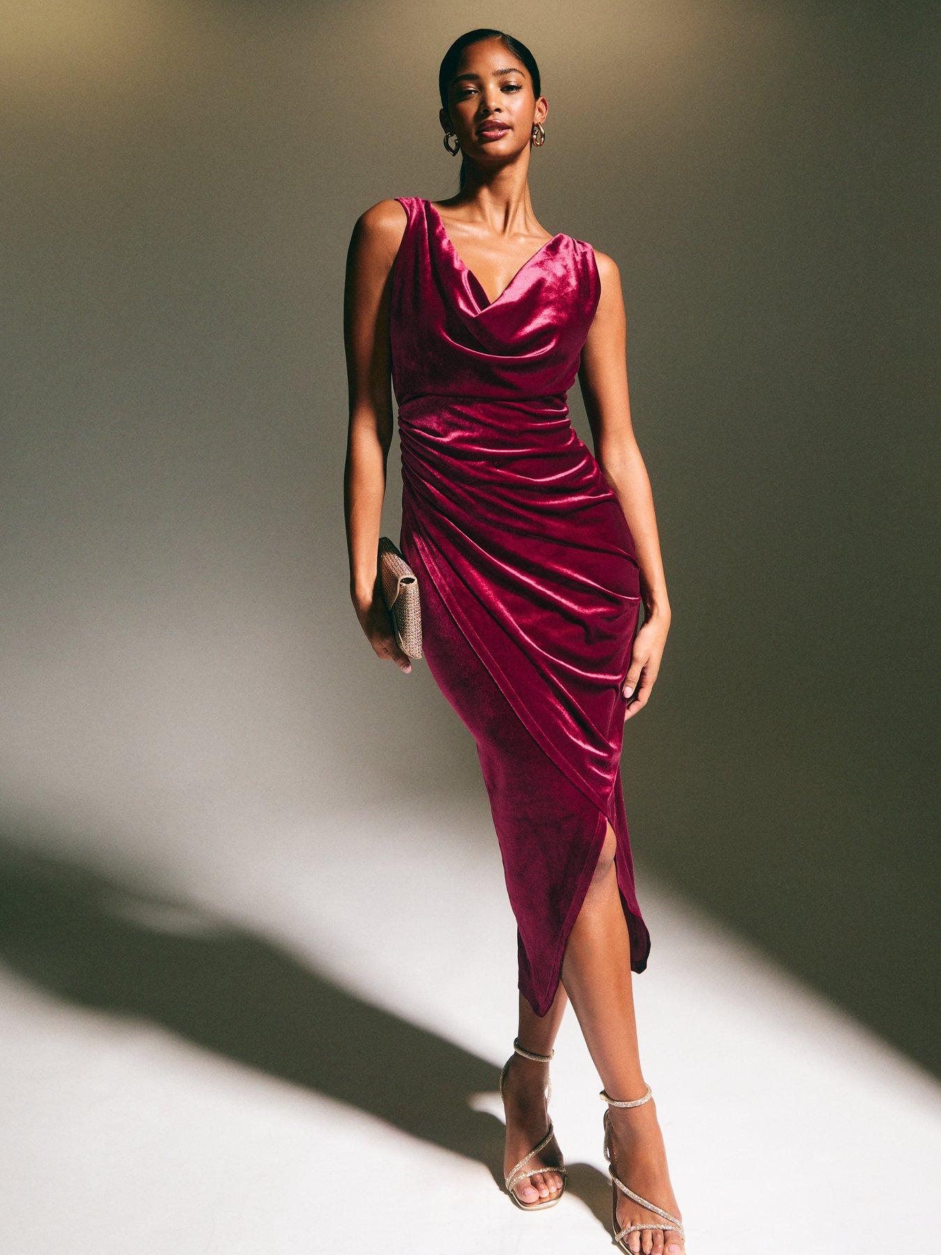 Cowl neck lace hem slit backless velvet cross back midi dress