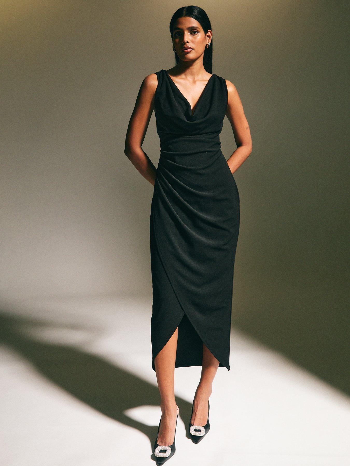 undefined Black Cowl Neck Draped Midi Dress